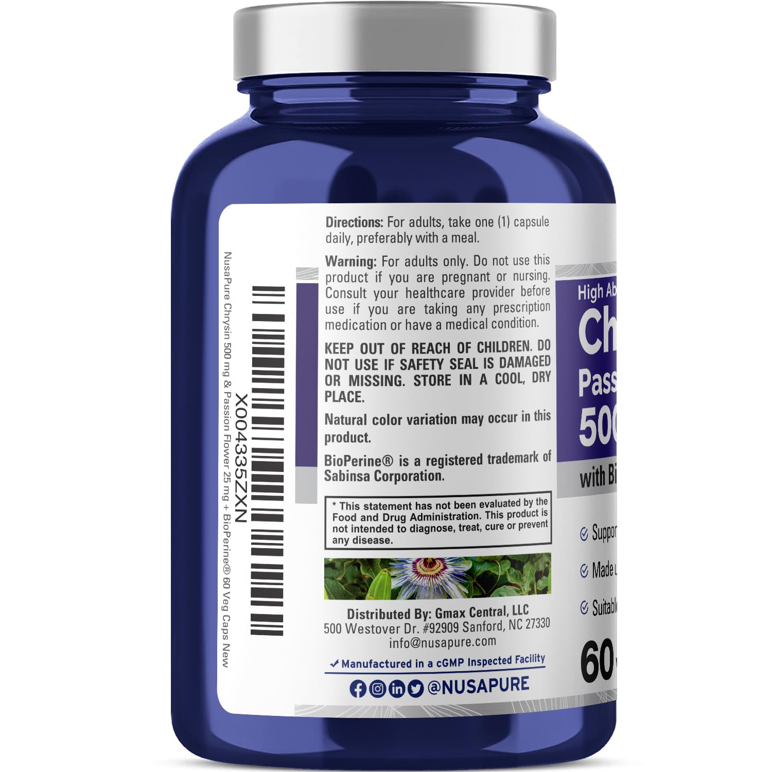 NusaPure Chrysin 500mg, 60 Veggie Capsules | Passion Flower Complex 500mg Supplement | 5, 7-Dihydroxyflavone | Concentrated Extract | Non-GMO, BioPerine & Vegan NusaPure Au supplements
