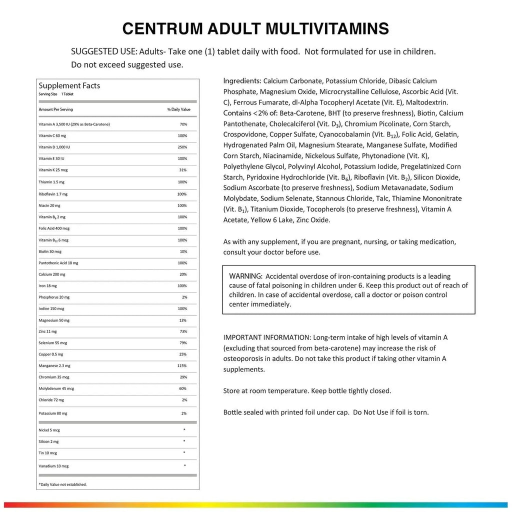 Centrum Adult Multivitamin/Multimineral Supplement with Antioxidants, Zinc, Vitamin D3 and B Vitamins, Gluten Free, Non-GMO Ingredients - 200 Count Centrum Au supplements