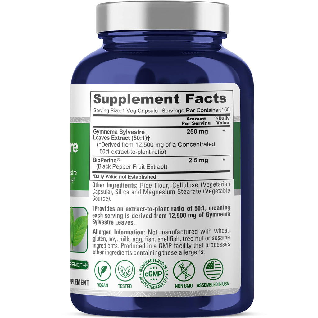 NusaPure Gymnema Sylvestre 50:1 Extract, 250 mg Equivalent to 12,500mg Per Vegan Caps - 150 Count (Non-GMO, Vegan, Bioperine) NusaPure Au supplements