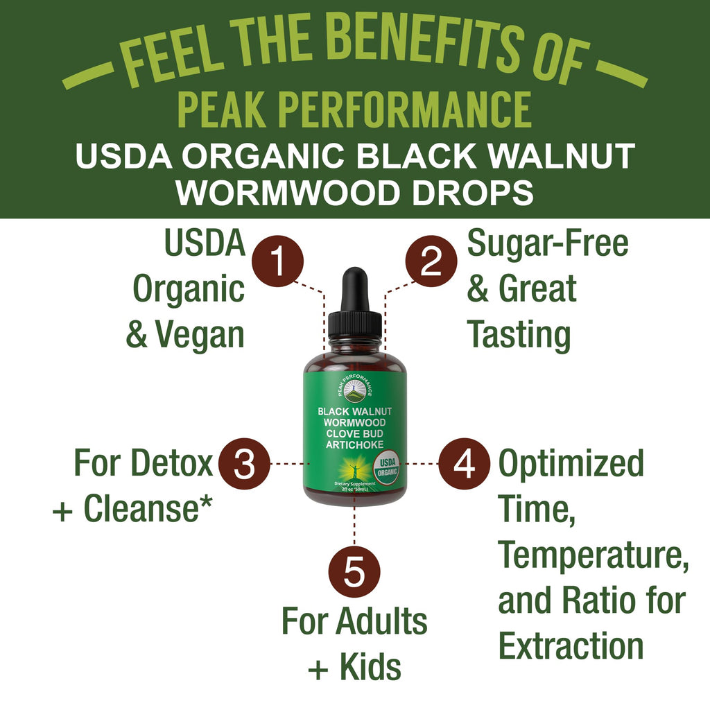 USDA Organic Wormwood Black Walnut Clove Drops Cleanse for Humans. Sugar Free Supplement for Intestinal Cleanse, Detox Support for Adults and Kids. with Artichoke and Clove Bud. Kosher, No GMOs Peak Performance Au supplements