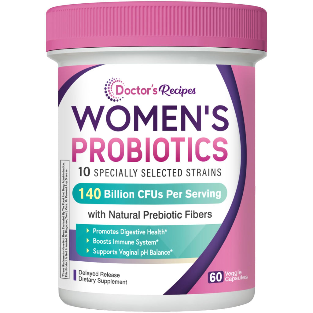 Doctor's Recipes Probiotics for Women, Organic Prebiotics and Probiotics for Digestive Health, Vaginal Health, 140 Billion CFU, 10 Strains, Shelf Stable, 60 Capsules Doctor's Recipes Au supplements