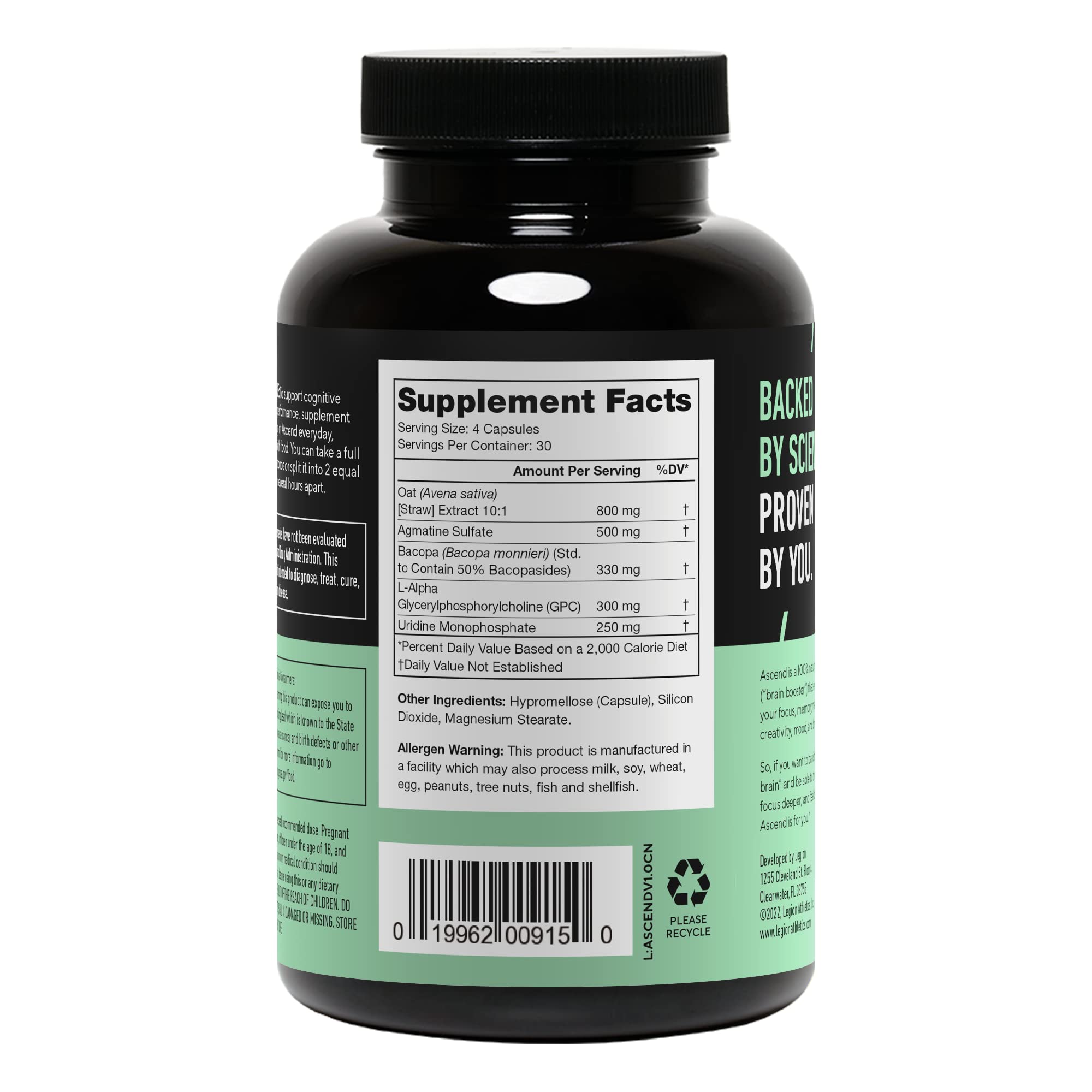 LEGION Athletics Ascend Nootropic - All-Natural Brain Supplements for Memory and Focus - Nootropics Brain Support Supplement with Alpha-GPC - Brain Supplement for Alertness & Mood Support, 30 Servings LEGION Au supplements