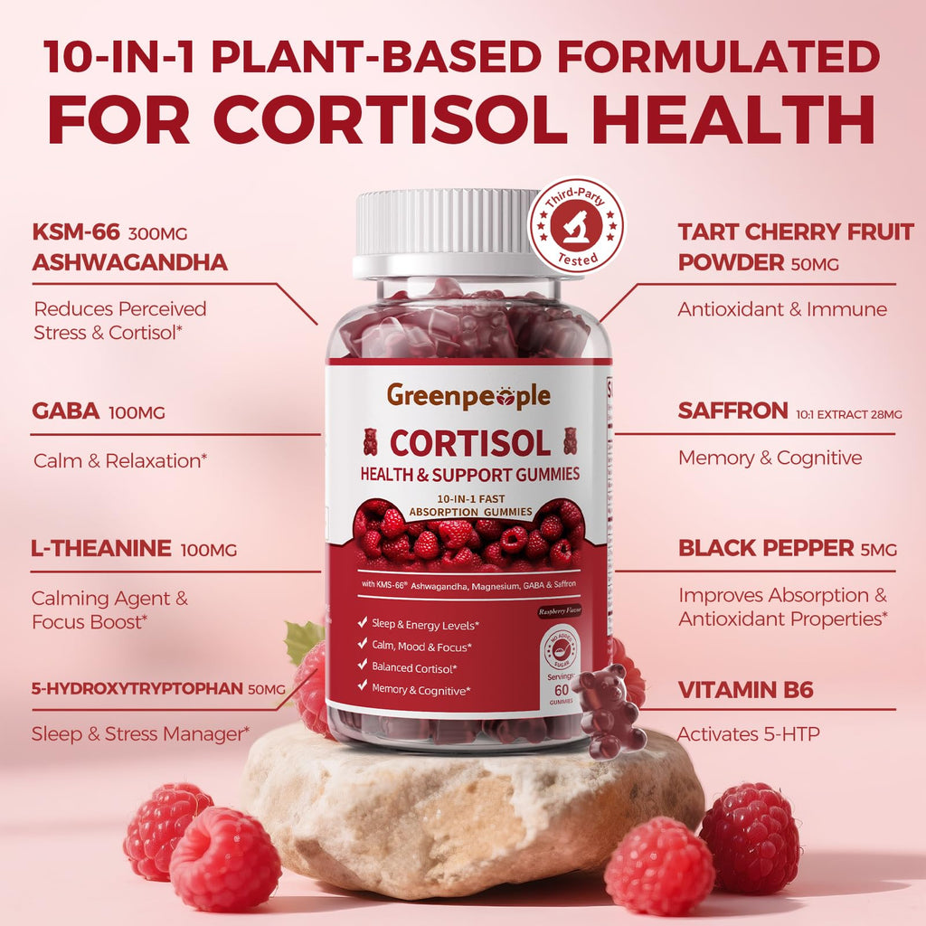 GREENPEOPLE Cortisol Supplements for Women & Men - Cortisol Reducer Detox Manager w/KSM-66 Ashwagandha/Magnesium/L-theanine/GABA/Vitamin B6 for Mood/Sleep/Stress Relief 60 CT Raspberry Flavor Gummies GREENPEOPLE Au supplements