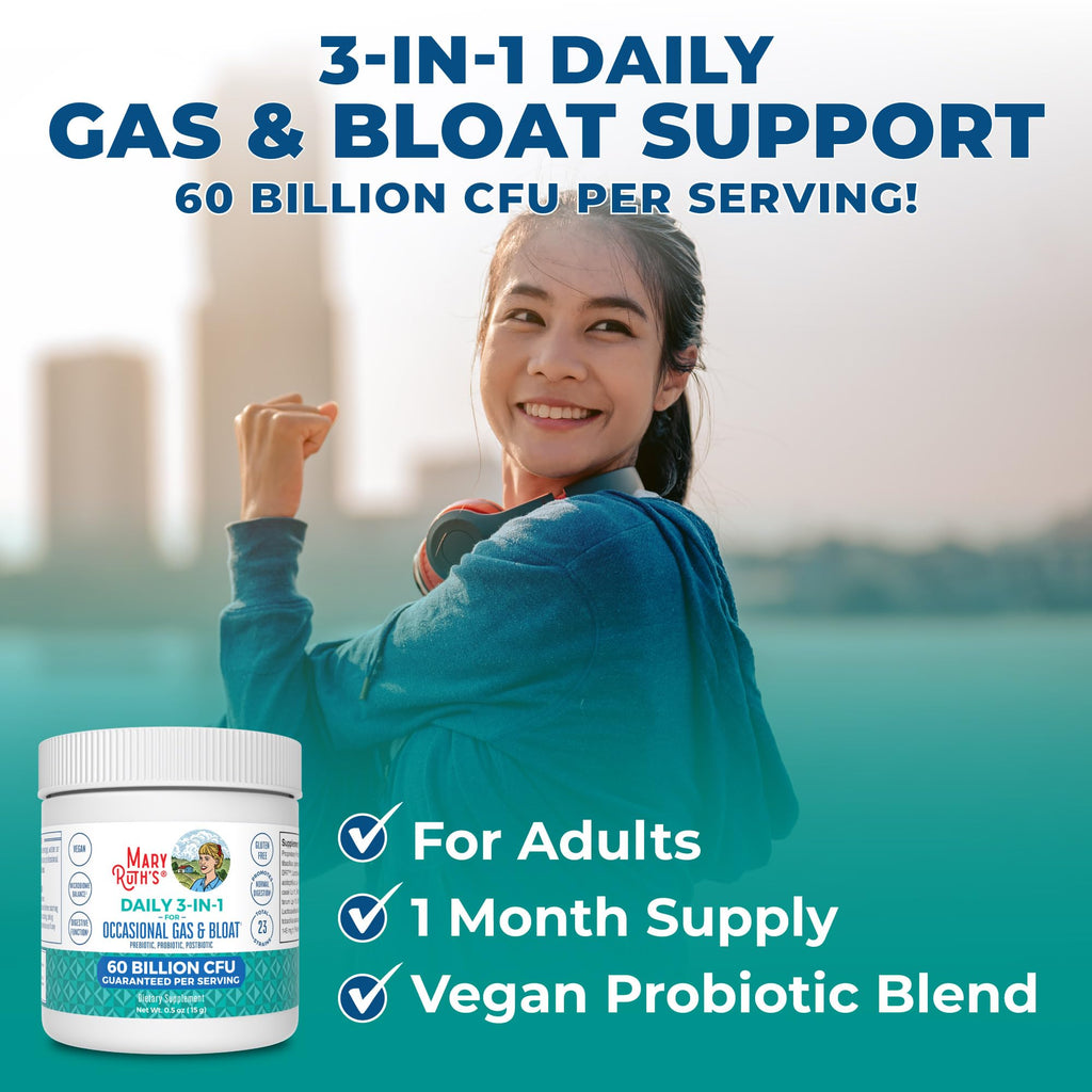 MARYRUTH'S 3-in-1 Gas & Bloat Probiotic Powder | Probiotics for Normal Digestive Function | Probiotics for Women & Men | Prebiotics & Postbiotics | 60 Billion CFU | 23 Unique Strains | 0.5 oz MARYRUTH'S Au supplements
