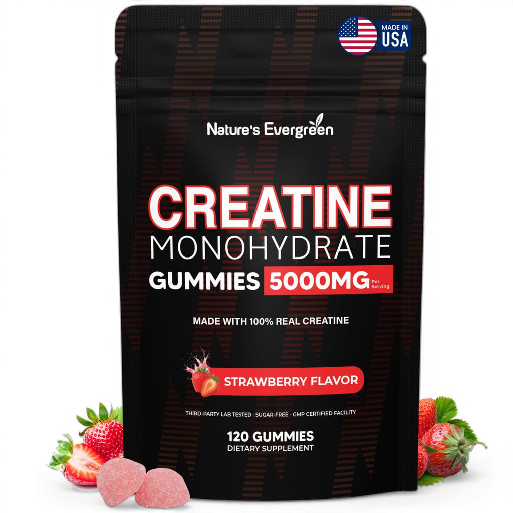 Creatine Monohydrate 5000mg Gummies, Pre-Workout 5g Creatine Gummy Supplement for Men & Women: Muscle Builder & Energy Boost, Sugar Free, Vegan, Strawberry Flavor, (120 Count) Made in USA Nature's Evergreen Au supplements