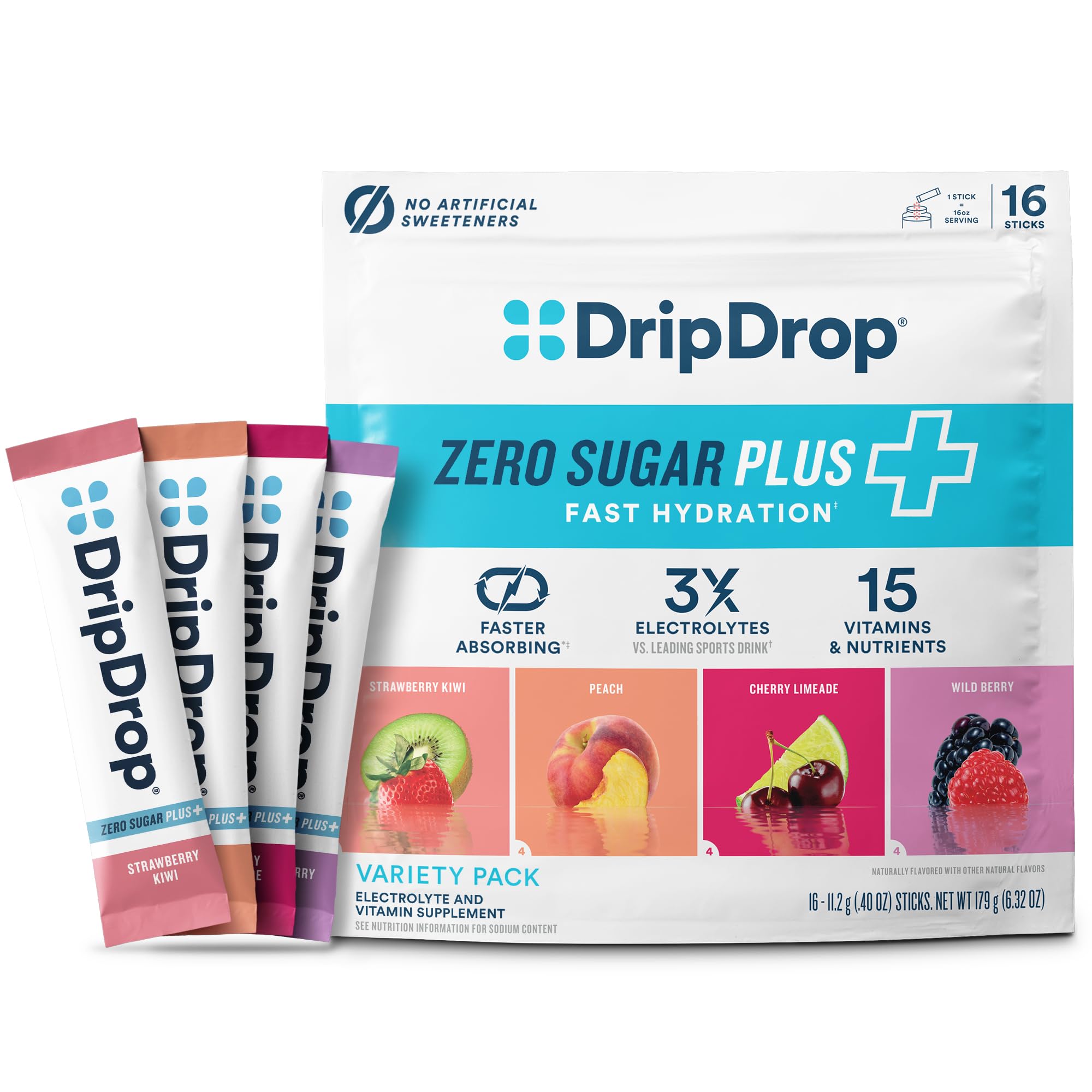 DripDrop Zero Sugar Plus - Sugar Free Hydration Packets - Single Serve Electrolytes Powder Drink Mix - Strawberry Kiwi, Peach, Cherry Limeade, Wild Berry