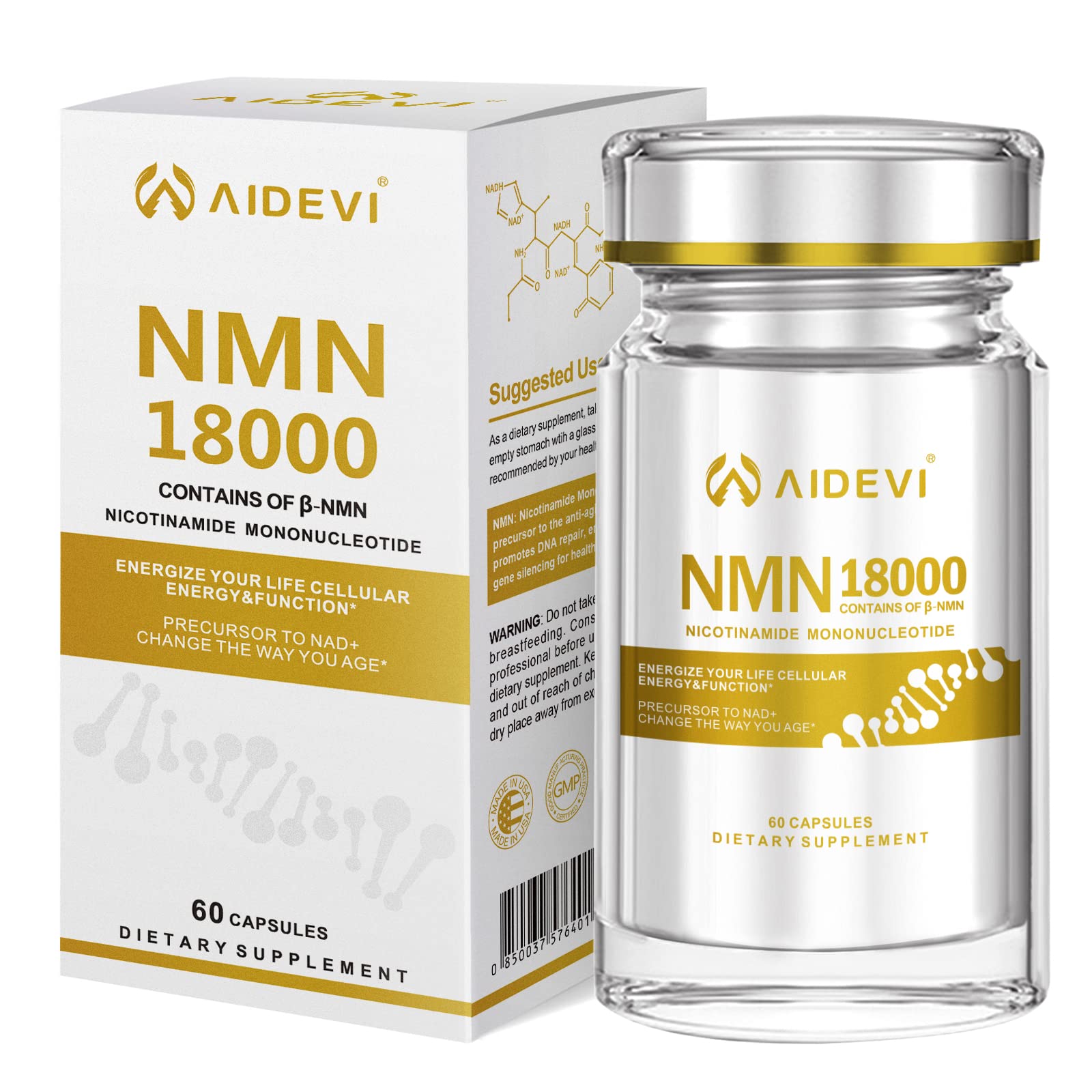 AIDEVI NMN 18000 - Nicotinamide Mononucleotide Supplement with Resveratrol, Stabilized Form & 99% High Purity to Boost NAD+ Levels for DNA Repair Supplement, for Healthy Aging, 60 Capsules AIDEVI Au supplements