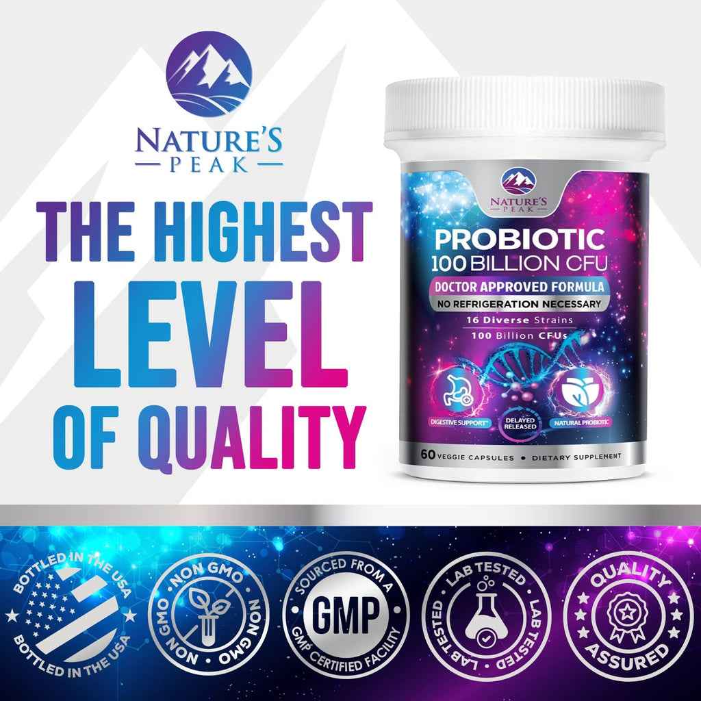 Probiotics for Digestive Gut Health - 100 Billion CFU Per Capsule, 16 Premium Strains & Prebiotics - Best Probiotics for Women & Men, Occasional Constipation