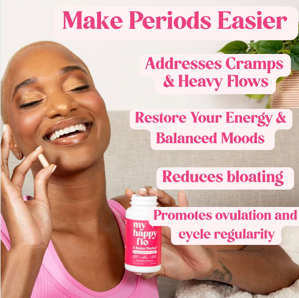 My Happy Flo PMS Support Supplement for Women with Iron, PMS Relief Hormone Support for Women, 10-in-1 PMDD Supplements for Women | DIM & I3C Indole-3-Carbinol for Cramp Relief, Heavy Flow - 60 Caps My Happy Flo Au supplements