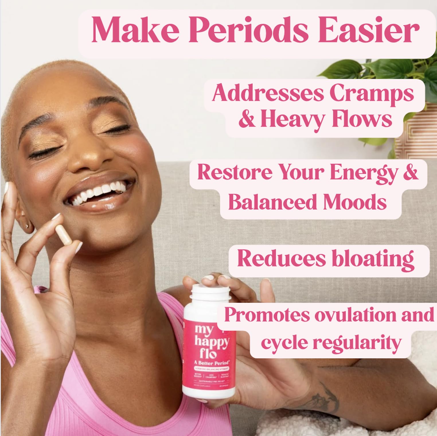 My Happy Flo PMS Support Supplement for Women with Iron, PMS Relief Hormone Support for Women, 10-in-1 PMDD Supplements for Women | DIM & I3C Indole-3-Carbinol for Cramp Relief, Heavy Flow - 60 Caps My Happy Flo Au supplements