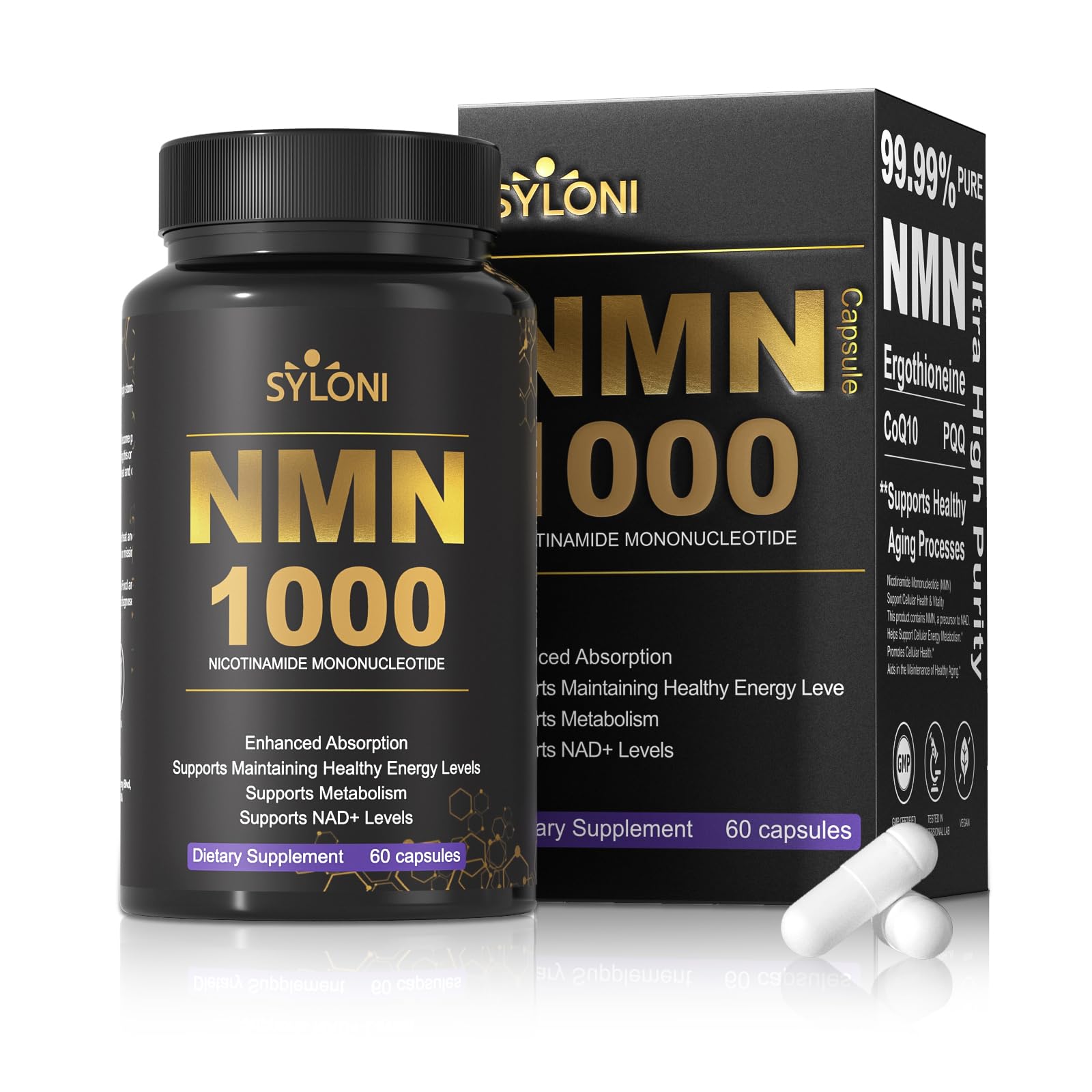 Syloni NMN Supplement 1000mg, 99% Pure NMN 4-in-1 NAD+ Booster with PQQ, CoQ10, L-Ergothioneine, 60 Capsules Nicotinamide Mononucleotide - Anti-Aging, Energy Boost, DNA Repair for Adults, Vegan Syloni Au supplements