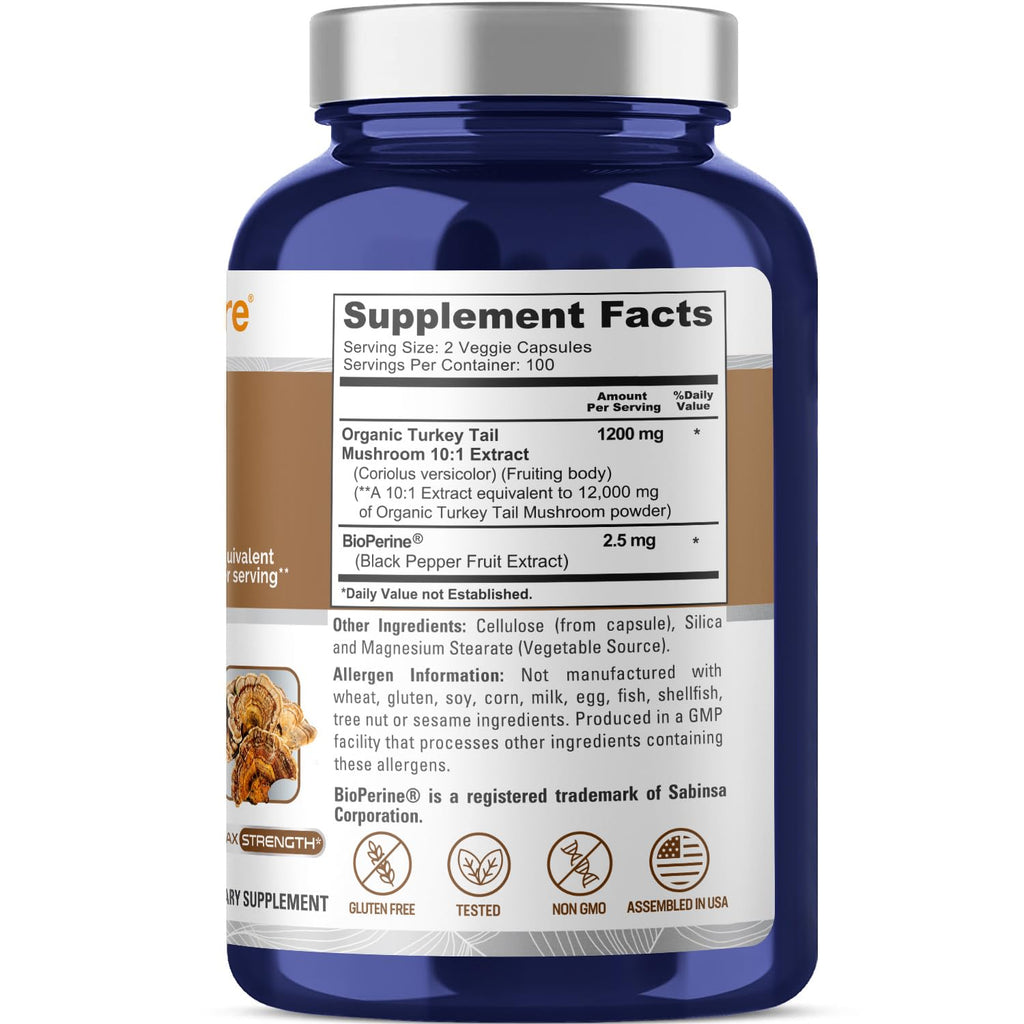 NusaPure Turkey Tail Mushroom Capsules, 10:1 Extract, 1200 mg Equivalent to 12,000mg, 200 Vcaps, Non-GMO, Gluten Free, Bioperine NusaPure Au supplements