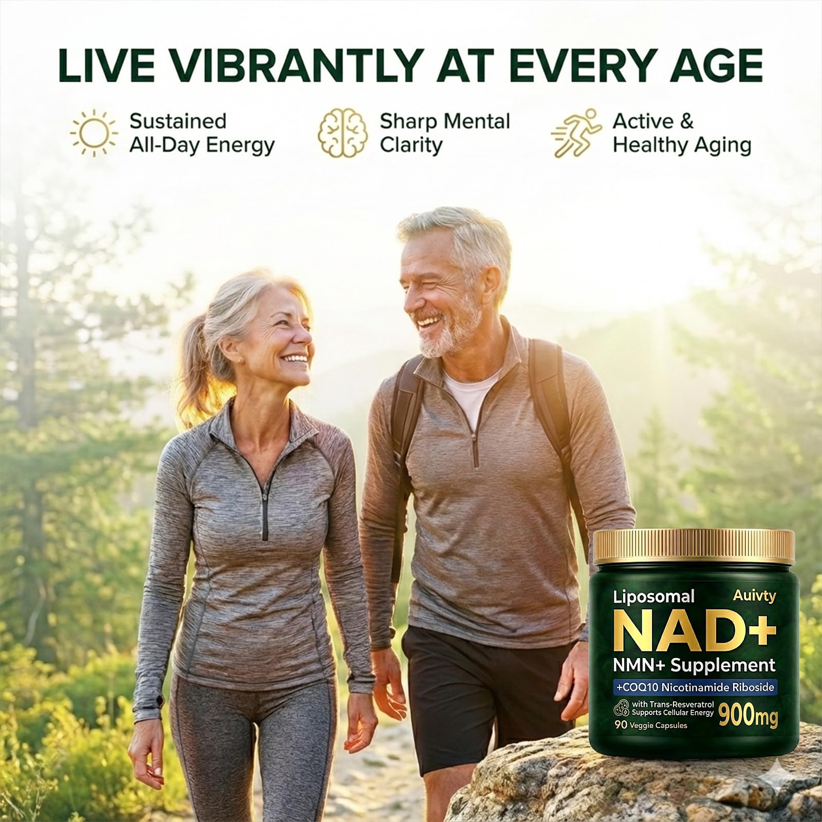 Auivty Liposomal NAD+ NMN Supplement with COQ10, Nicotinamide Riboside, Trans-Resveratrol, 900mg, 90 Veggie Capsules Auivty Au supplements