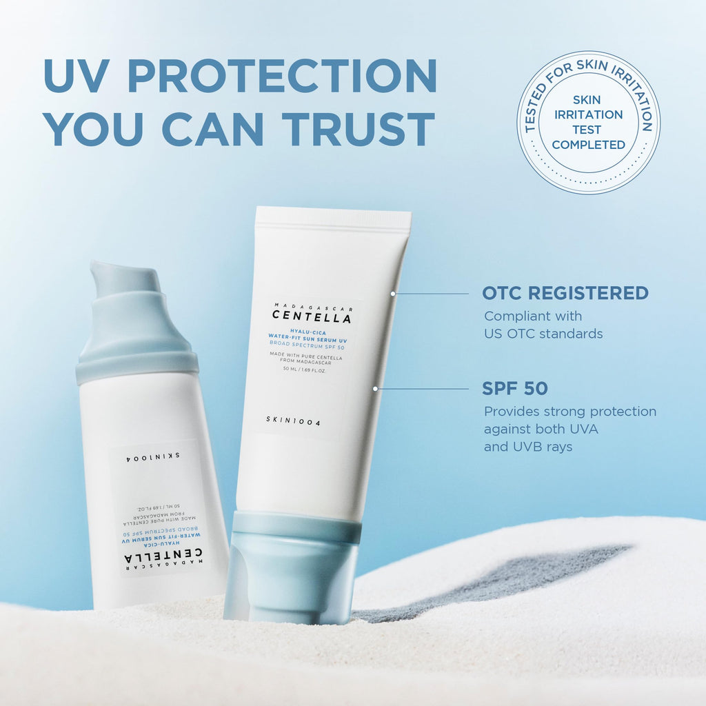 SKIN1004 Centella Hyalu-Cica Water-Fit Sun Serum UV, Korean Sunscreen SPF 50, Centella Sunscreen, Travel Essentials