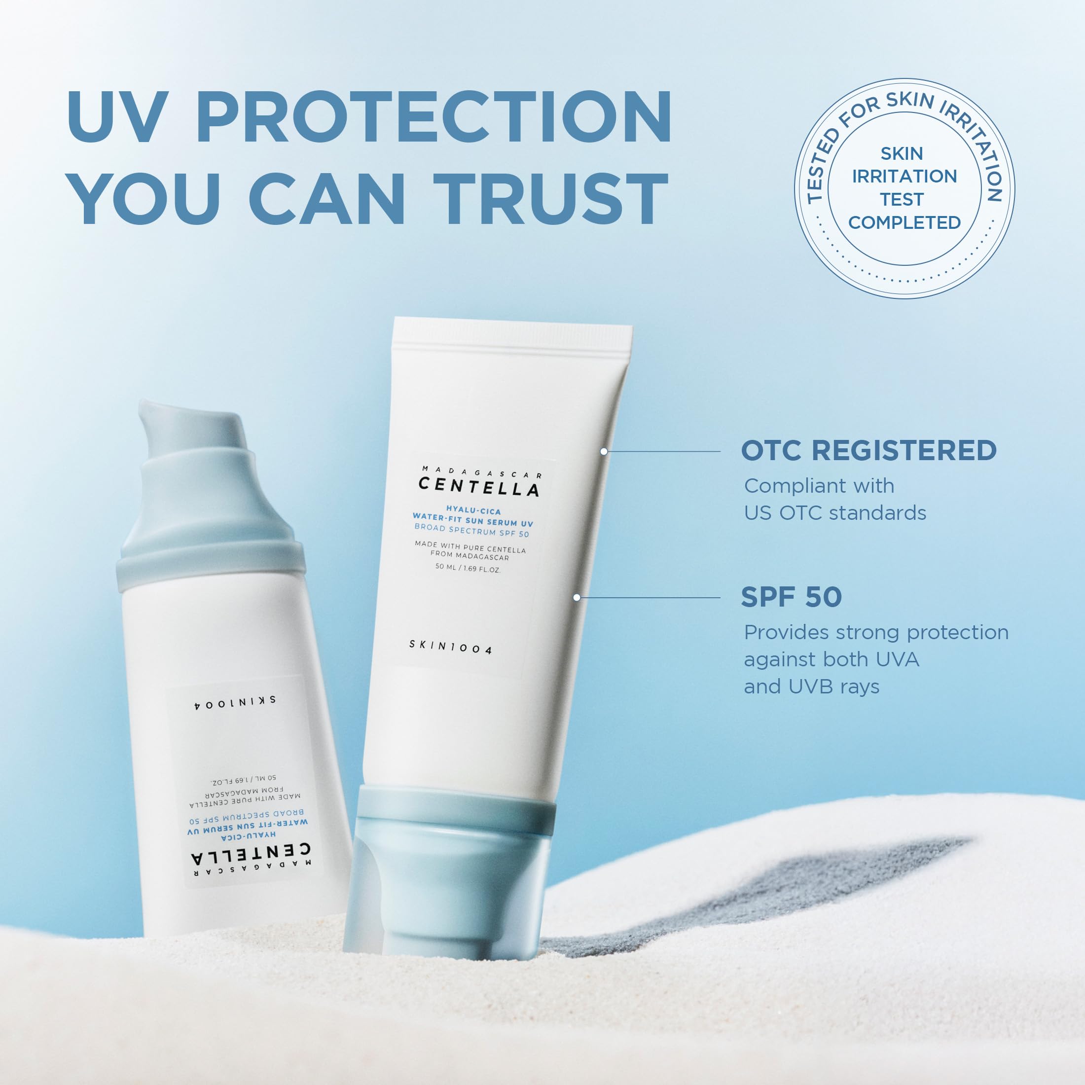 SKIN1004 Centella Hyalu-Cica Water-Fit Sun Serum UV, Korean Sunscreen SPF 50, Centella Sunscreen, Travel Essentials