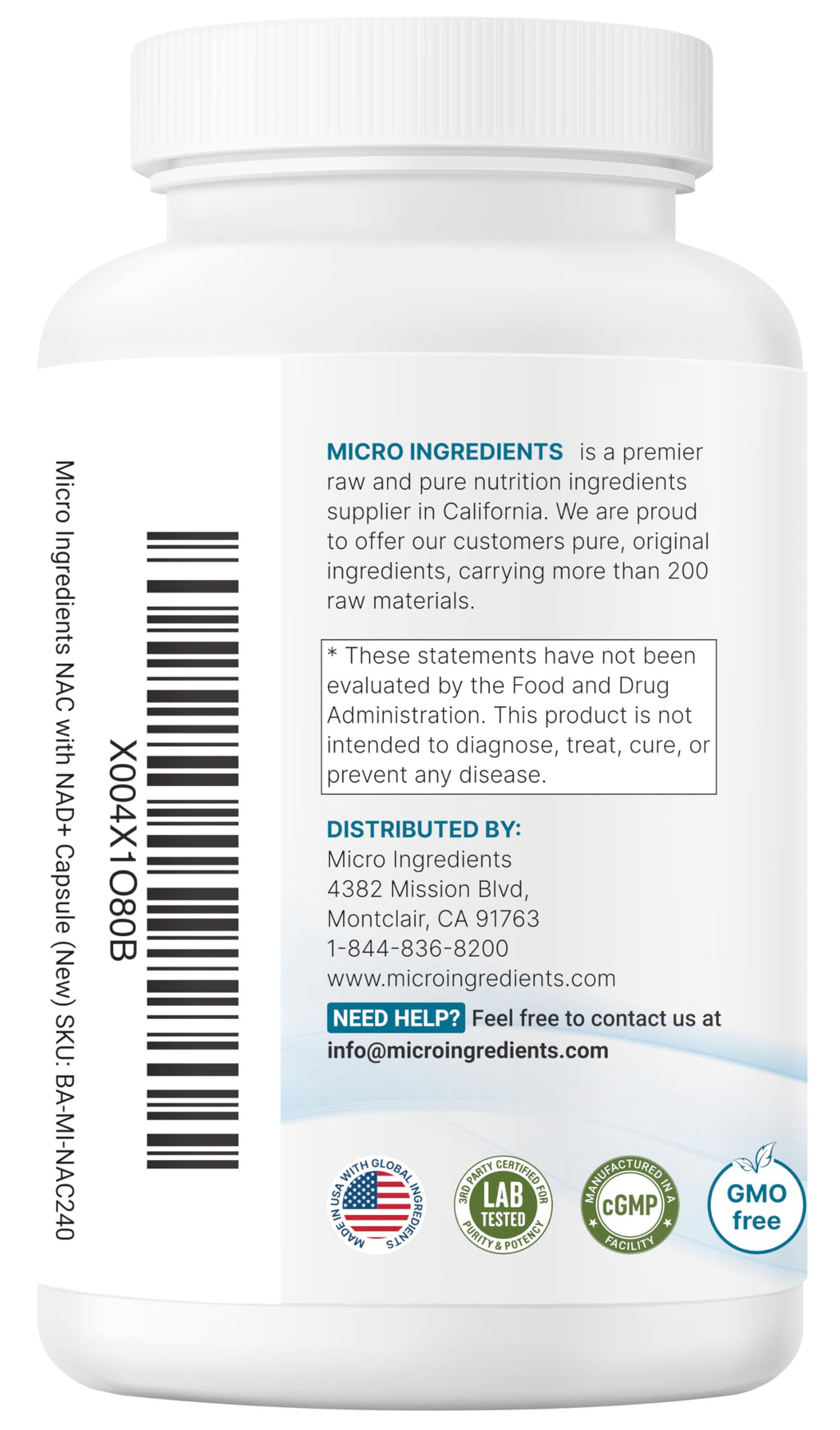 Micro Ingredients NAC with NAD+, 240 Vegetarian Capsules | 1,200 mg Per Serving | 2-in-1 N-Acetyl-L-Cysteine with Nicotinamide Adenine Dinucleotide
