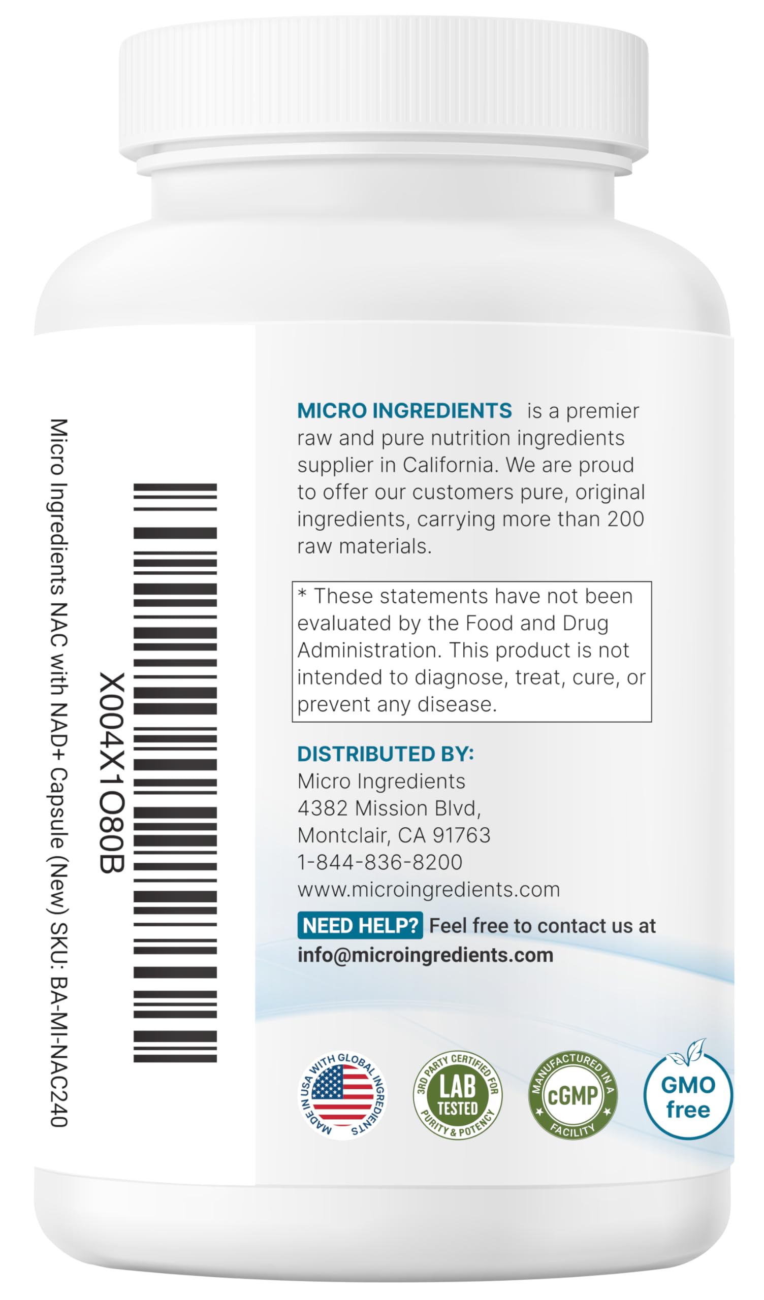 Micro Ingredients NAC with NAD+, 240 Vegetarian Capsules | 1,200 mg Per Serving | 2-in-1 N-Acetyl-L-Cysteine with Nicotinamide Adenine Dinucleotide