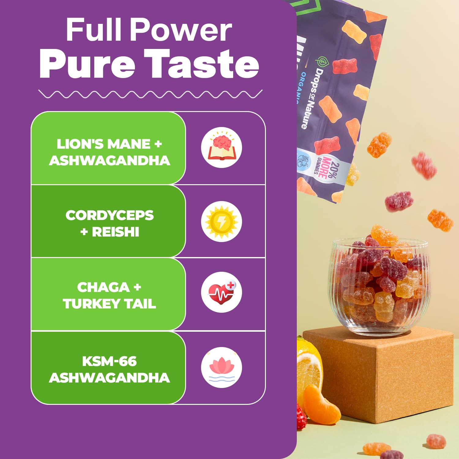 Drops Of Nature Lions Mane & Ashwagandha Gummies – Turkey Tail, Maitake, Reishi, Chaga, Shiitake, Cordyceps – Organic, Low Carb Superfood Gummies