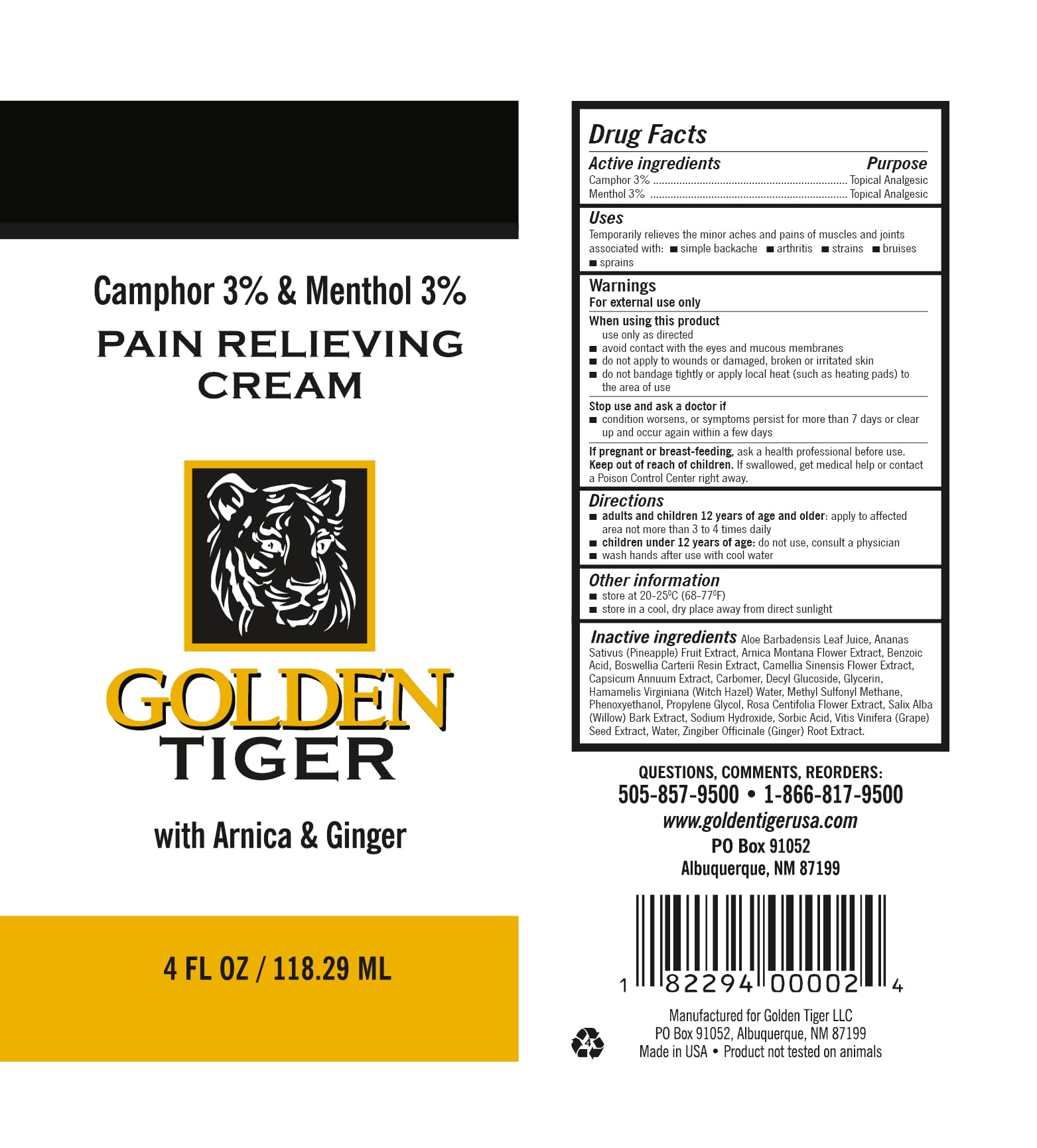 Golden Tiger Pain Relief Cream - 4 oz Tube Golden Tiger Au supplements