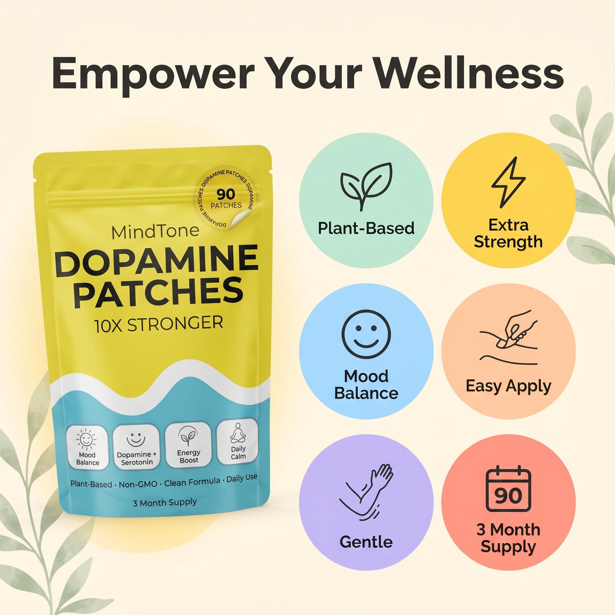 MindTone Dopamine Patches Extra Strength – 90 Count Plant-Based Non-GMO Mood Support & Energy Patch – Dopamine & Serotonin Balance – Mood Balance Patch for Women & Men – 3 Month Supply