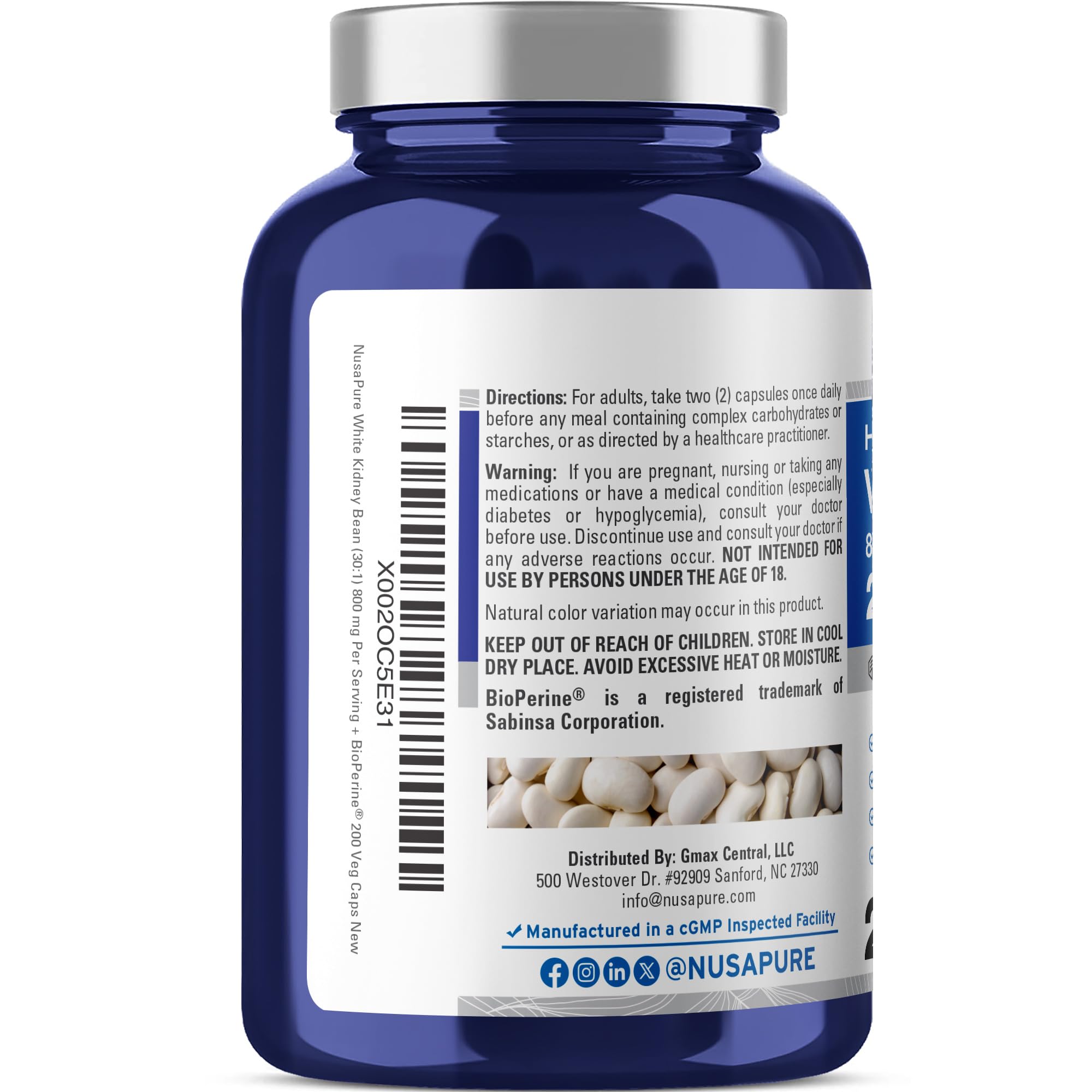 NusaPure White Kidney Beans 30:1 Extract, 800 mg Equivalent to 24,000 mg 200 Vegan Capsules - Bioperine - (Vegan, Non-GMO) NusaPure Au supplements