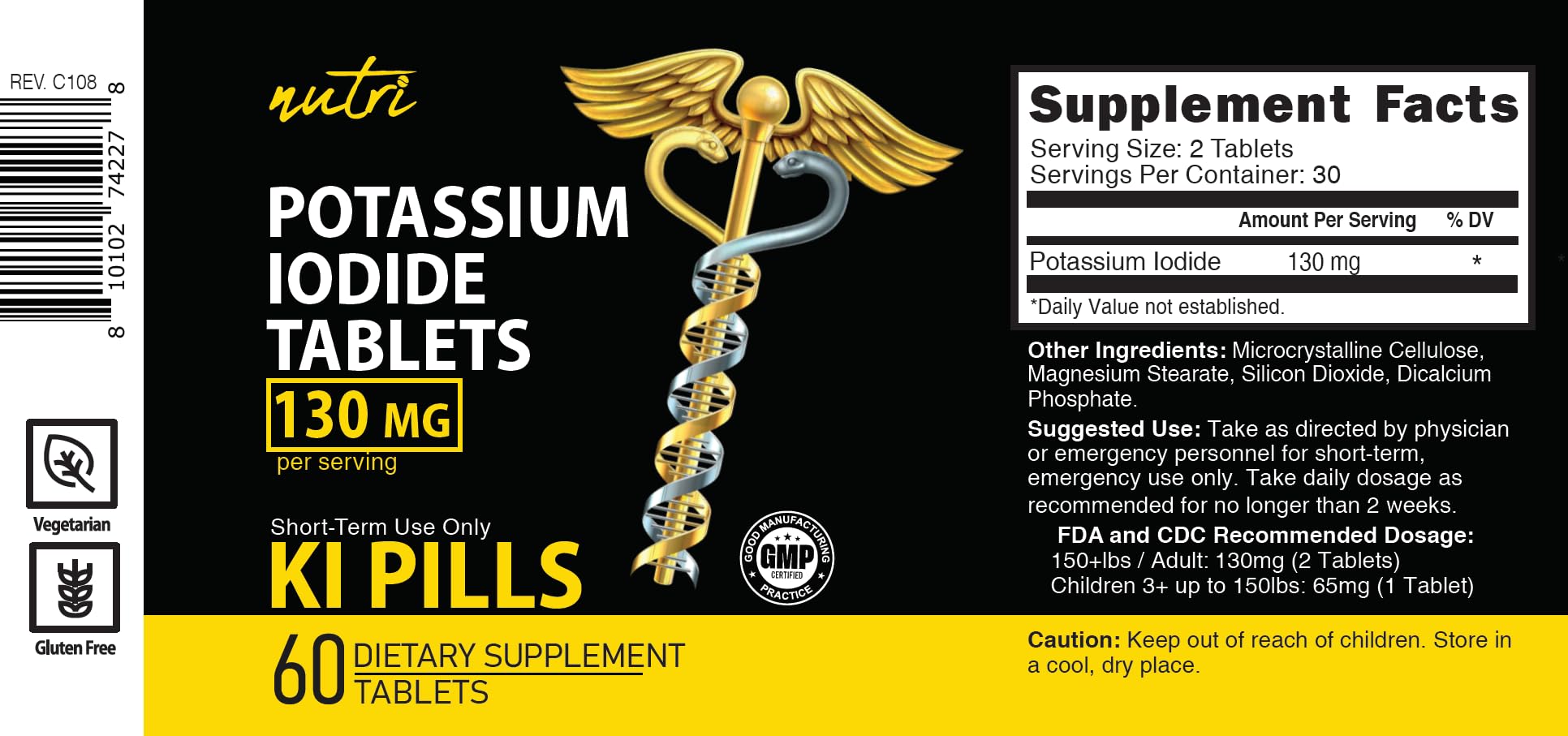 Potassium Iodide Tablets 130 mg - (60 Tablets) 10 Year Shelf-Life EXP 2034 to 2035 - Ki Pills - Yoduro de potasio - Nutri Supplements - 3rd Party Tested