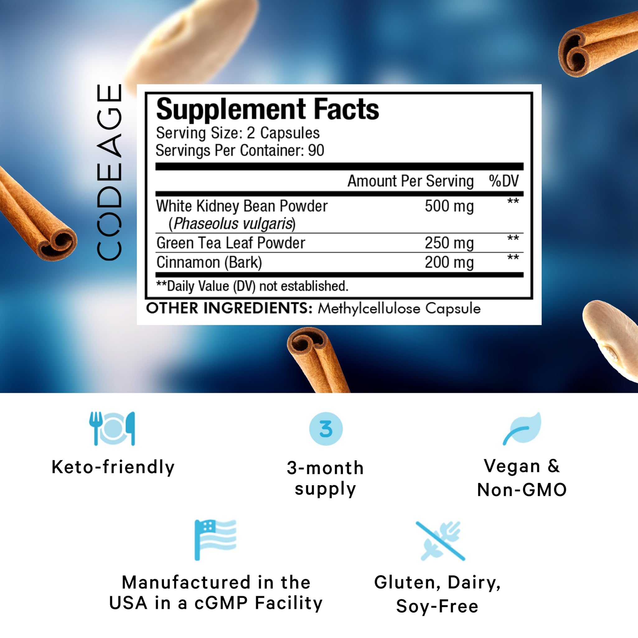 Codeage Keto Carb, White Kidney Bean, Green Tea & Cinnamon Bark Supplement, Triple Action Keto Cheat Vegan Pills, Ketogenic, Low Carb Diet Sugar, 3 Months Supply, Non-GMO, Gluten-Free, 180 Capsules Codeage Au supplements