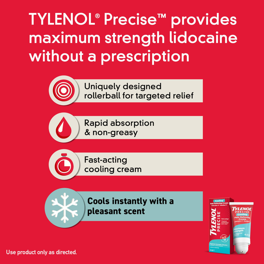 Tylenol Precise Cooling Cream, Strong Pain Relief with Fast-Acting Sensation, 4% Lidocaine, 1% Menthol, Maximum OTC Strength Relief for Back, Muscle & Joint, Numbing Cream Rollerball Applicator, 4 oz Tylenol Au supplements