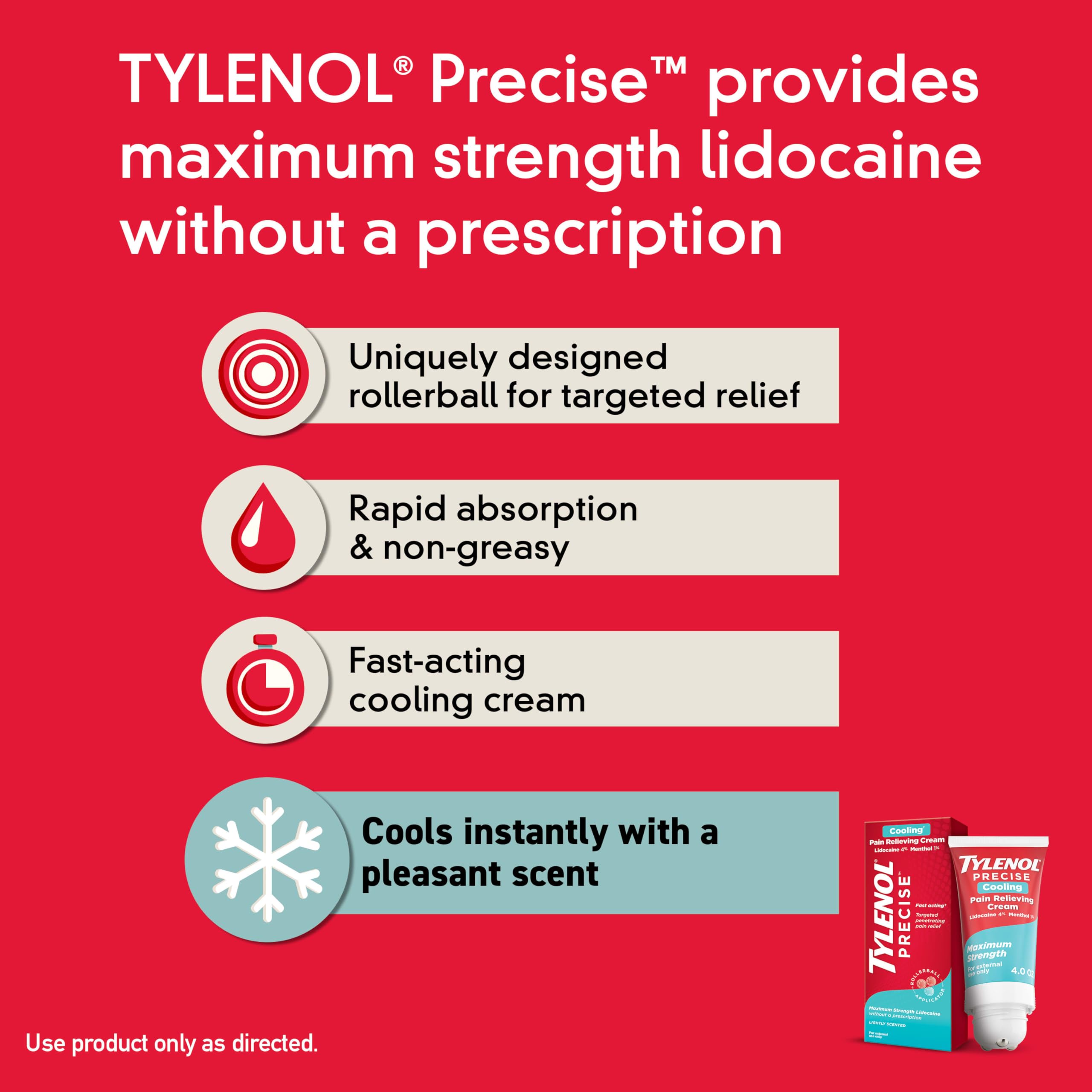 Tylenol Precise Cooling Cream, Strong Pain Relief with Fast-Acting Sensation, 4% Lidocaine, 1% Menthol, Maximum OTC Strength Relief for Back, Muscle & Joint, Numbing Cream Rollerball Applicator, 4 oz Tylenol Au supplements