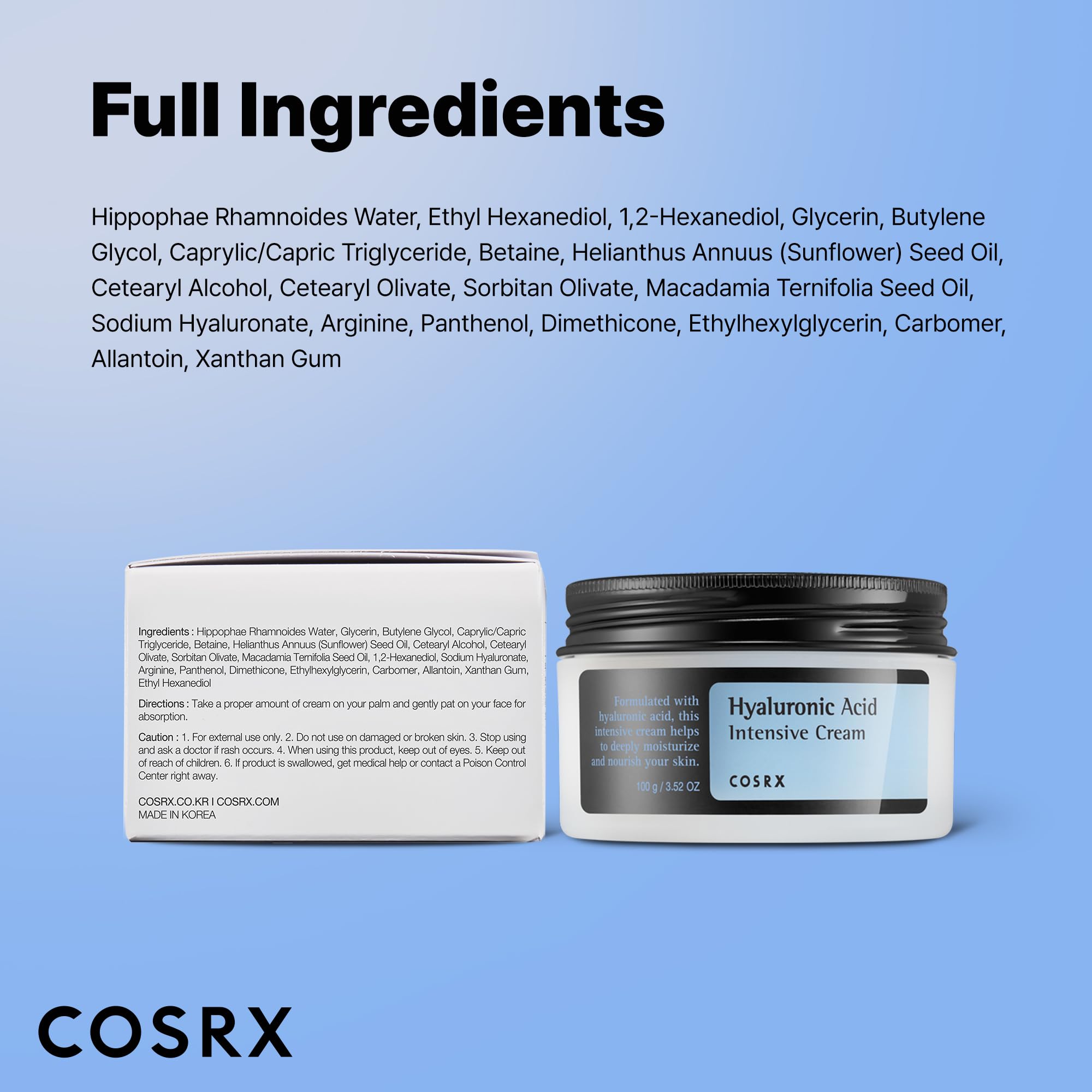 COSRX Hyaluronic Acid Moisturizing Cream, Long-lasting Hydration, Rich Moisturizer for Sensitive Skin 3.52 oz / 100g