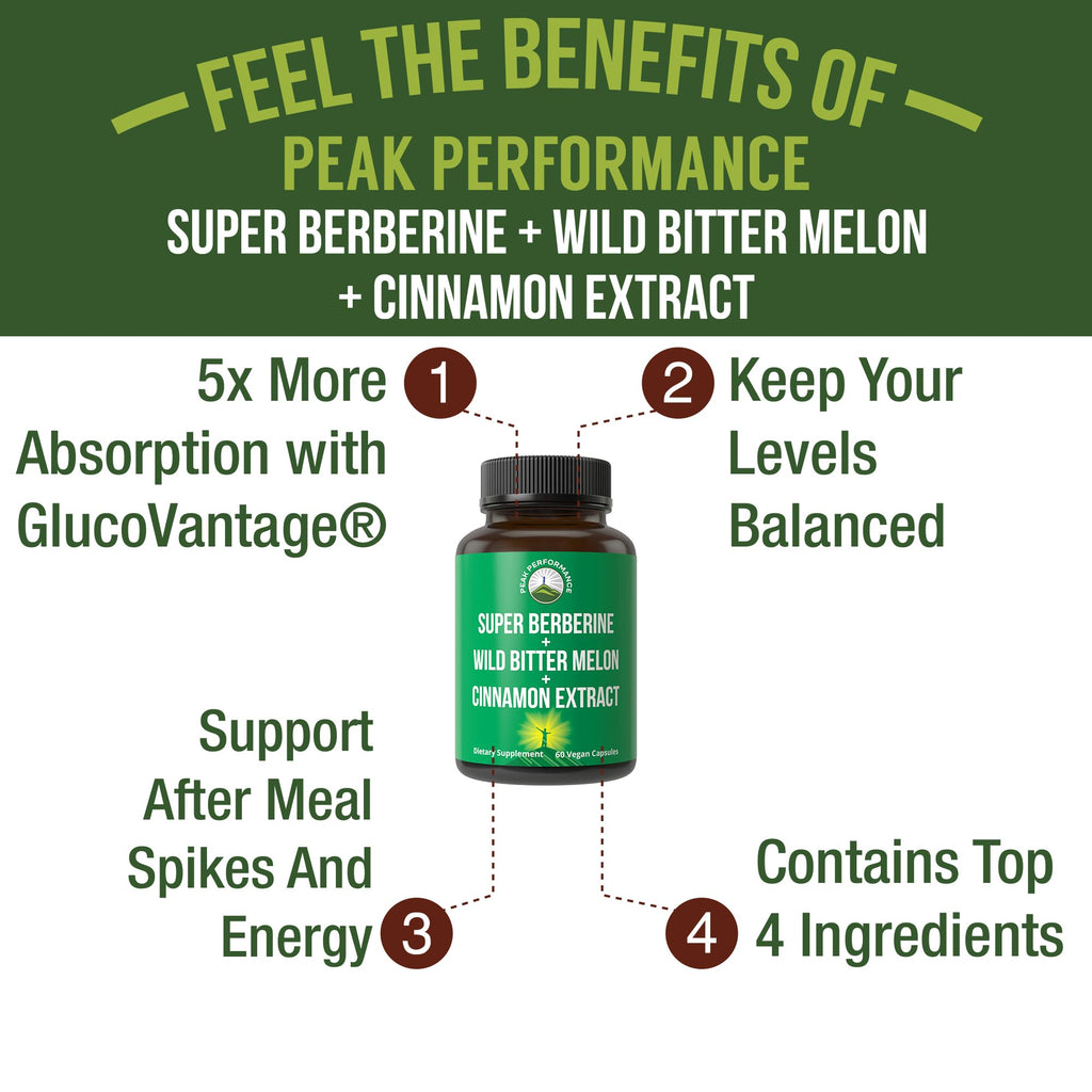 Ultra High Strength 4-in-1 Super Berberine Patented GlucoVantage + Wild Bitter Melon + Cinnamon Extract + Chromium Picolinate Vegan Capsules. Great Supplement to Support After-Meal Spikes and Energy Peak Performance Au supplements