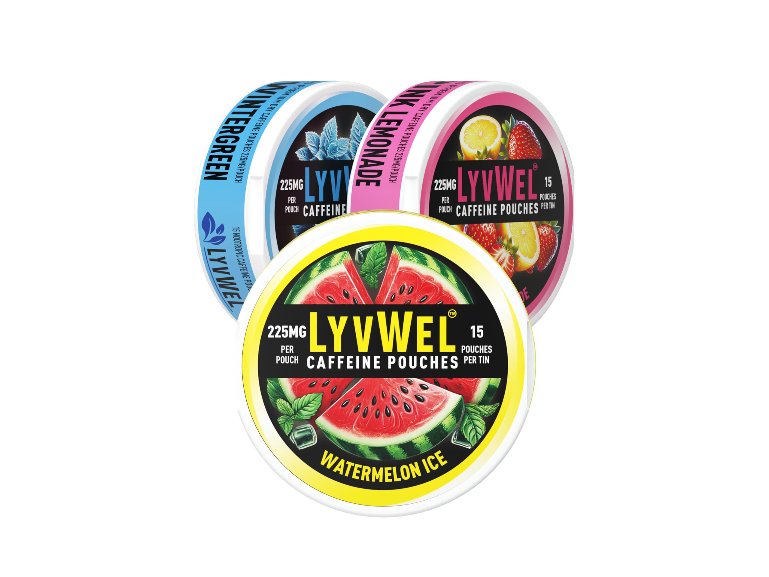LyvWel 225mg Caffeine Energy Pouches | Nootropic Focus & Neuro Support | Tobacco-Free, Nicotine-Free, Quick Energy Solution | 3-Pack: 45 Pouches (3 Pack, Watermelon Ice, Pink Lemonade, Wintergreen) LyvWel Au supplements