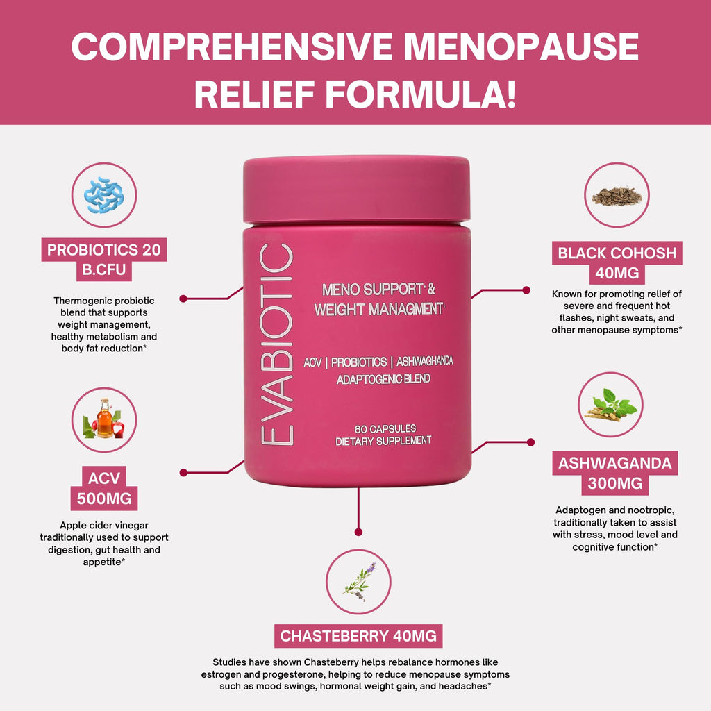 Complete Menopause Vitamins - Ashwaghanda, Probiotics, ACV for Weight Management, Hot Flashes, Night Sweats, Bloat, Hormone Balance - Vegan 60 Caps Menopause Supplements for Women Non-GMO EVABIOTIC Au supplements