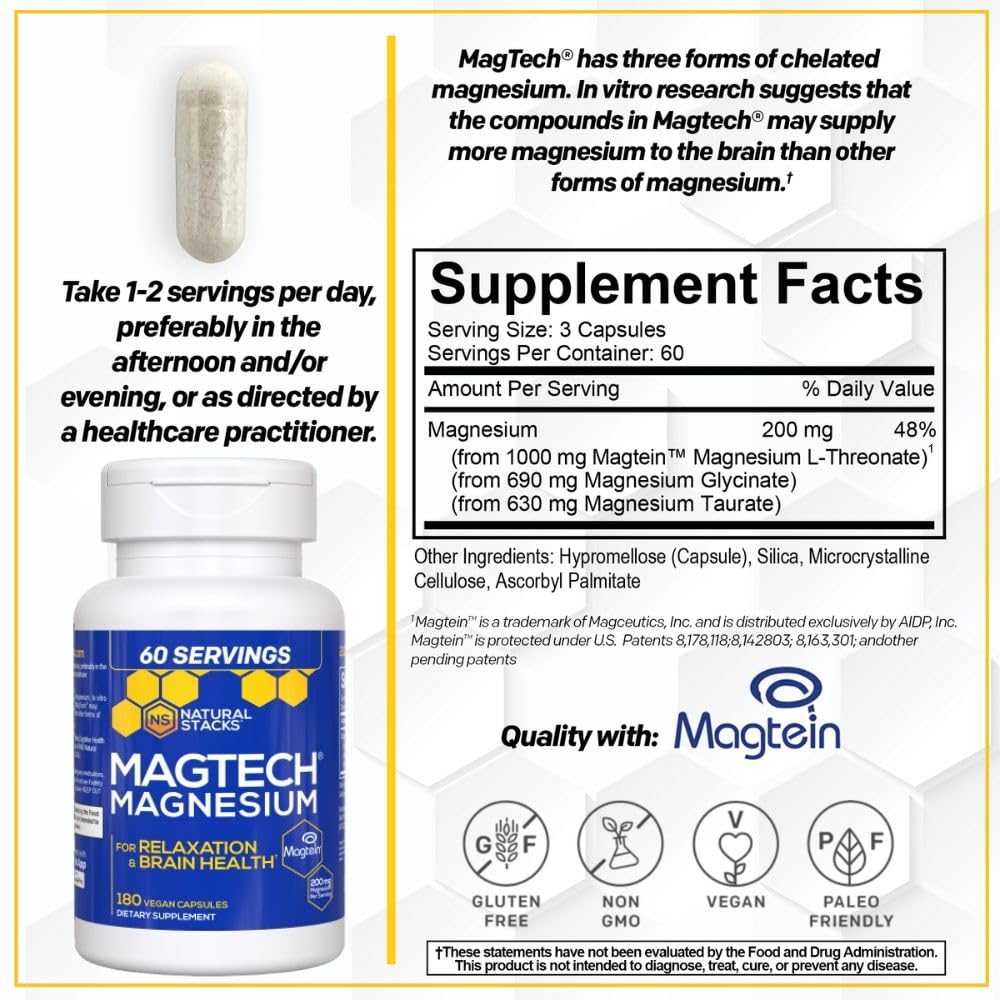 MagTech Magnesium Supplement - 3 Forms of Magnesium: Magtein L-Threonate, Glycinate & Taurate - 200mg Chelated Magnesium Complex