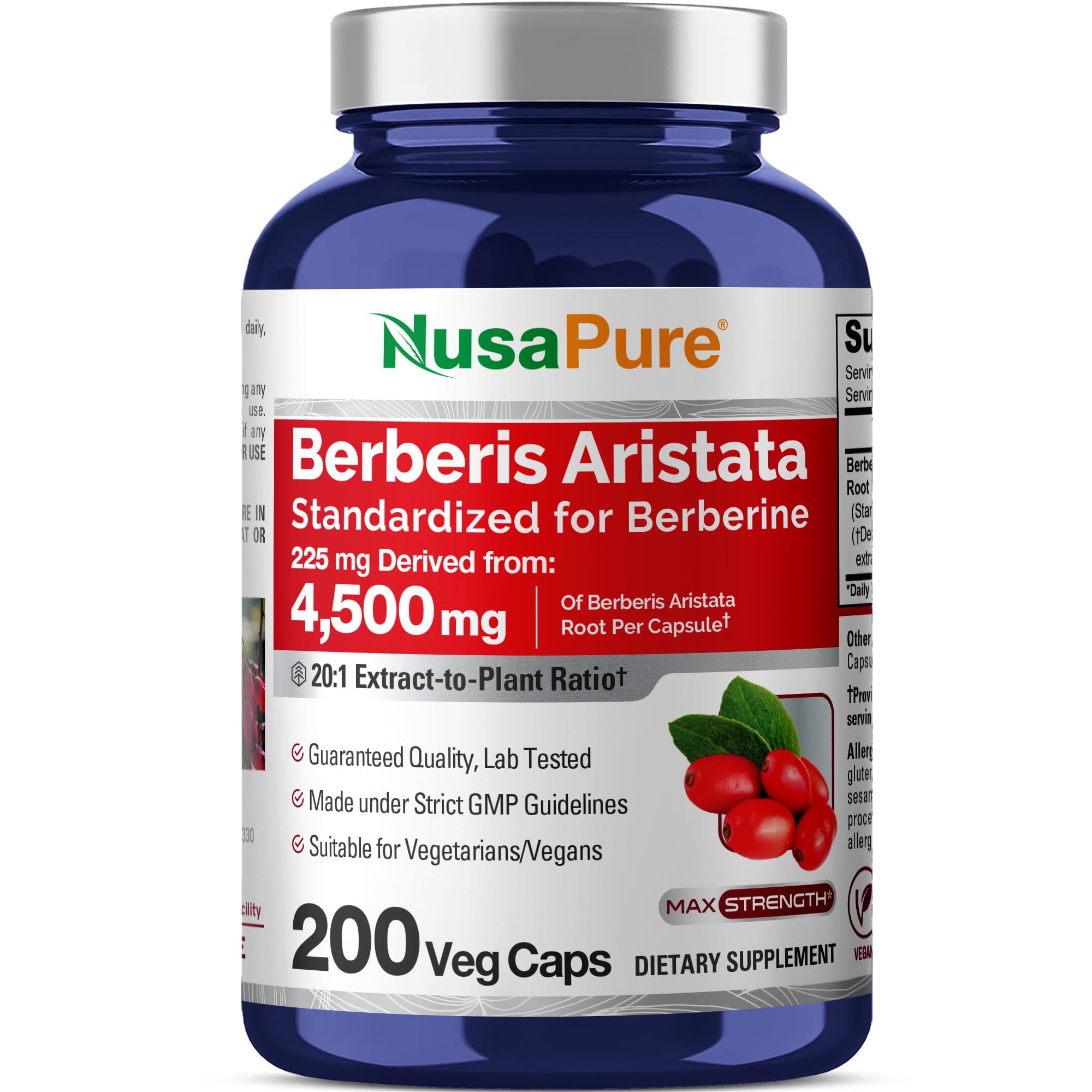 NusaPure Berberine HCI 20:1 Extract, 225 mg Equivalent to 4,500mg - 200 Veggie Caps - (Vegetarian, Non-GMO, Vegan) NusaPure Au supplements