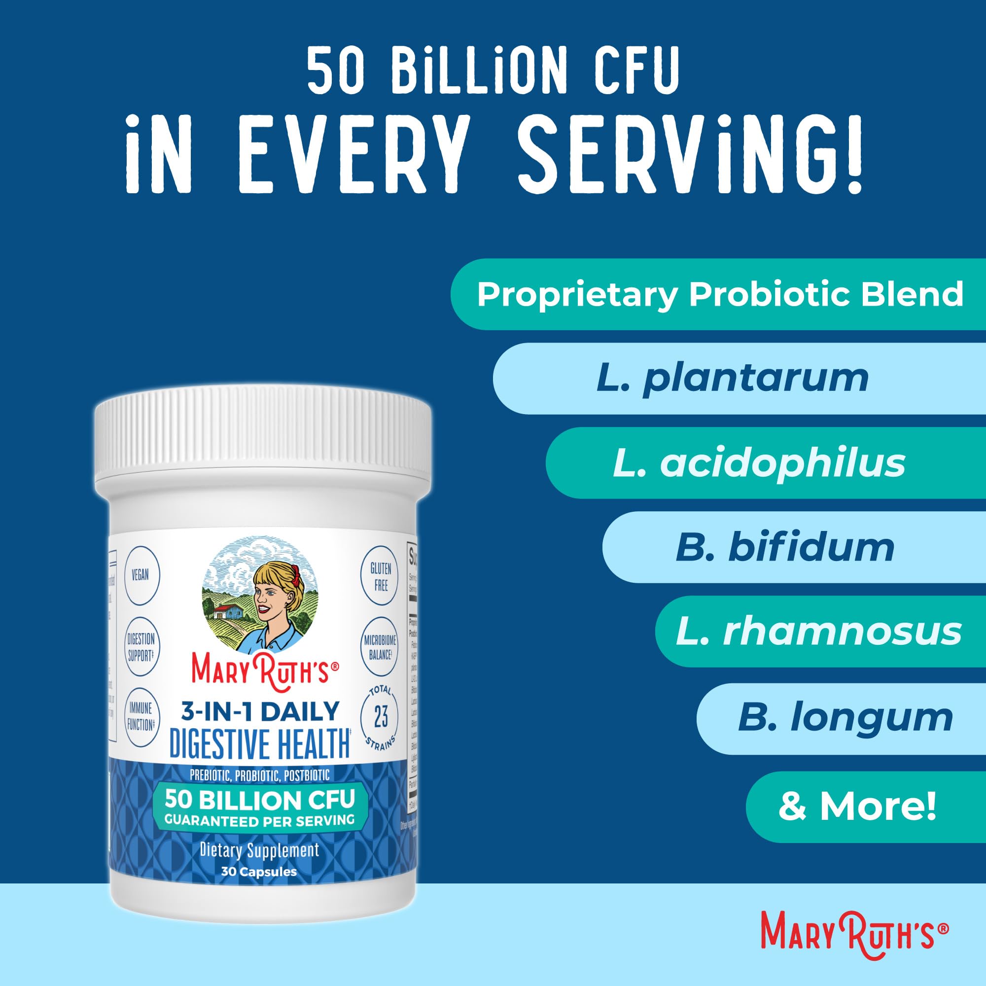 MARYRUTH'S 3-in-1 Probiotics for Digestive Health | Prebiotic & Postbiotic | Gut Health Supplement for Women & Men | 23 Unique Strains