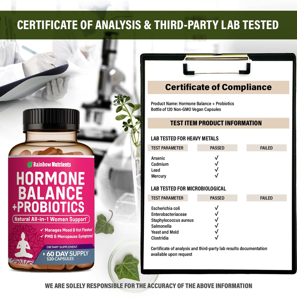Hormone Balance + Probiotics for Women- Natural Menopause Relief, Weight Management, Bloating, Hot Flashes, PMS | Organic Maca, Chasteberry, Dong Quai & Black Cohosh | Non GMO |120 V Capsules Rainbow Nutrients, LLC Au supplements