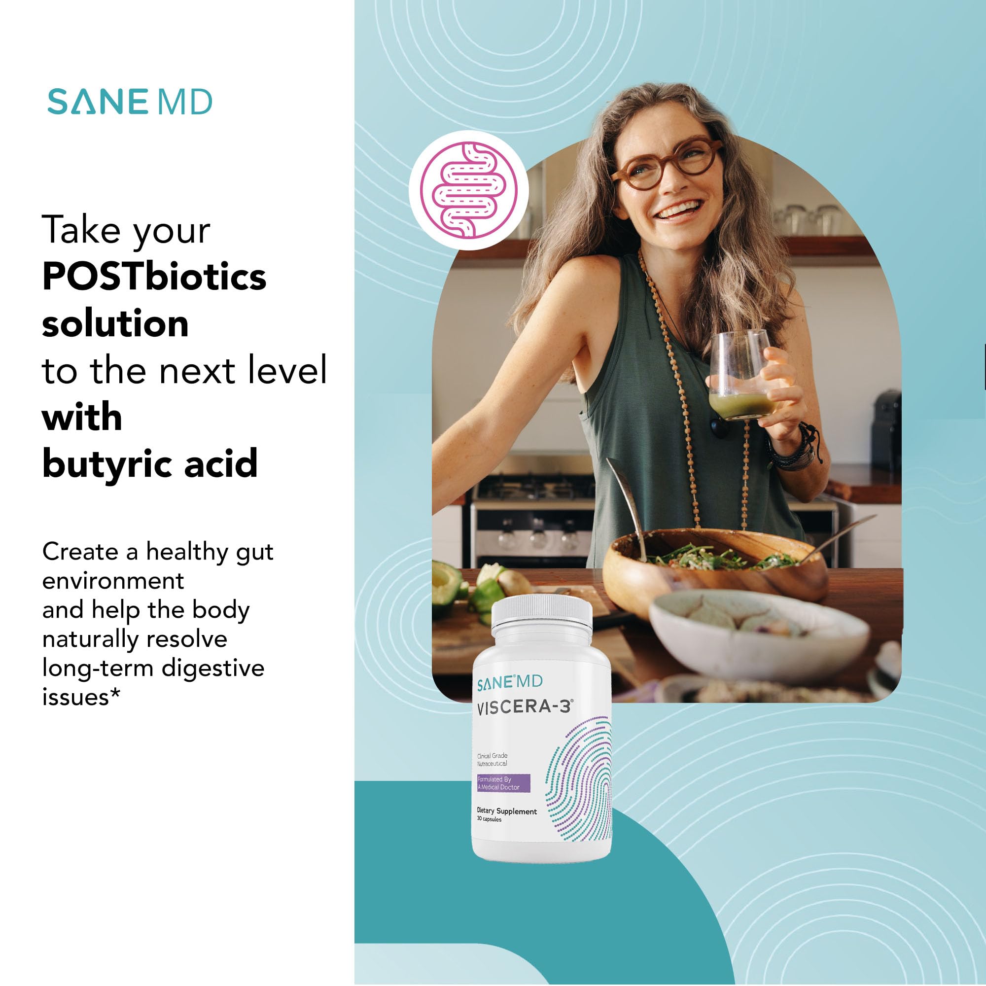 SANE MD - Viscera 3 Postbiotics with Tributyrin - Sodium Butyrate Supplement for Gas and Bloating Relief - Gut Health - IBS & Leaky Gut Butyric Acid Supplement - NSF Certified - 30 Capsules SANE Au supplements