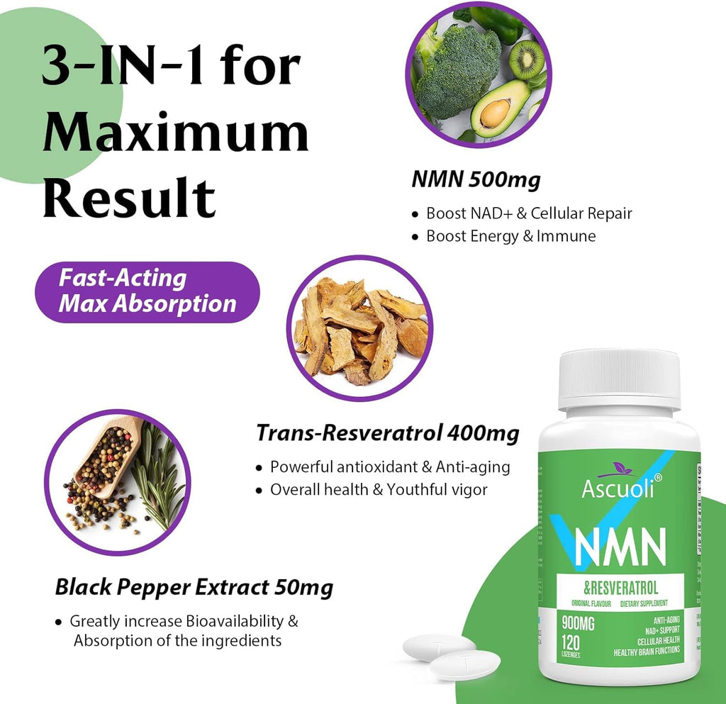 Sublingual NMN 500mg + Trans-Resveratrol 400mg, 3-in-1 Advanced Formula 99% Pure NMN Resveratrol Supplement for Boost* NAD, Cell, Immune, Energy & Muscle, Anti-Aging, 120 Lozenges, 120-Day Supply Ascuoli Au supplements