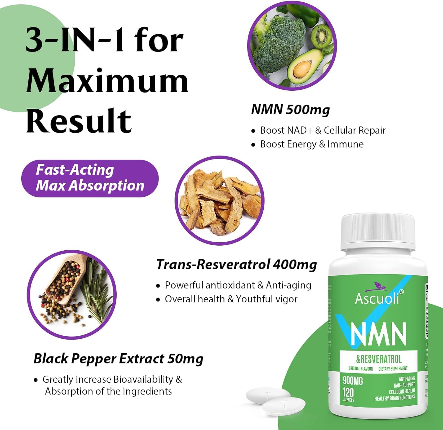 Sublingual NMN 500mg + Trans-Resveratrol 400mg, 3-in-1 Advanced Formula 99% Pure NMN Resveratrol Supplement for Boost* NAD, Cell, Immune, Energy & Muscle, Anti-Aging, 120 Lozenges, 120-Day Supply Ascuoli Au supplements