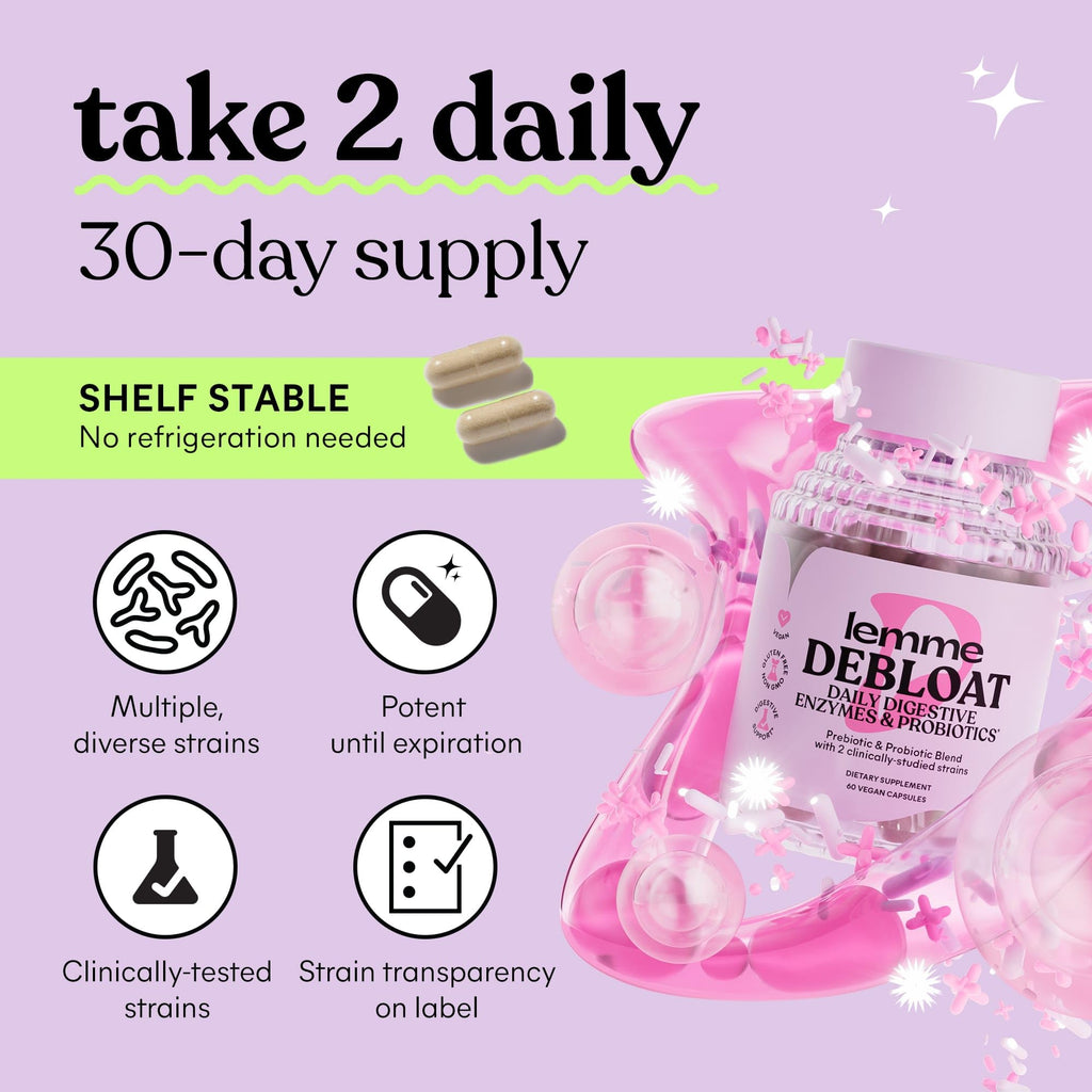 Lemme Debloat 3-in-1 Prebiotic, Probiotic & Digestive Enzyme Capsules for Bloating & Gas Relief - 2 Clinically Studied Probiotics w/5 Digestive Enzymes to Improve Digestion, Women & Men, (60 Count) Lemme Au supplements