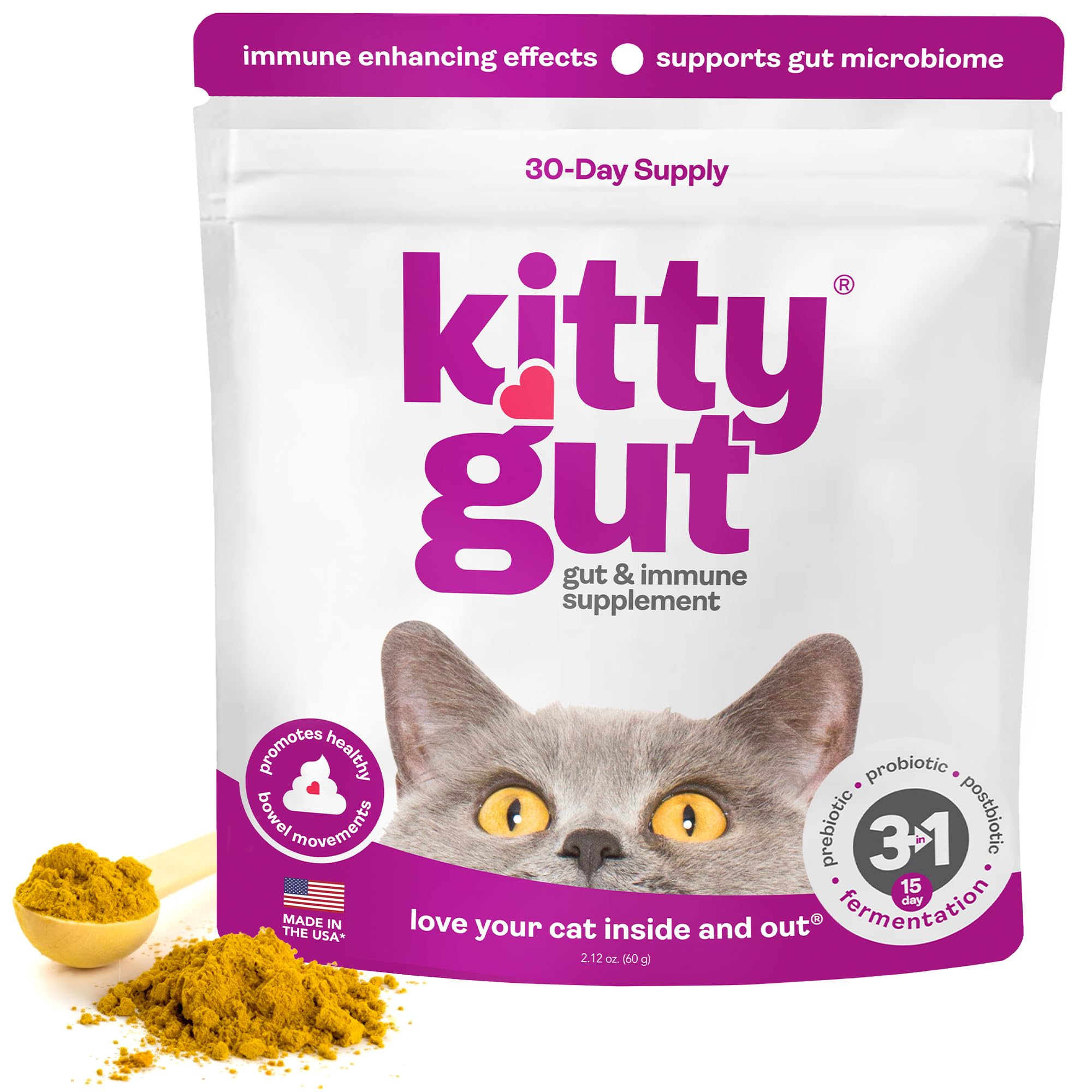 KittyGut 3-in-1 Organic Cat Probiotics & Postbiotic Supplement Powder- Made in USA-Probiotics for Cats Promote Gut Health and Cat Digestive Support, Diarrhea and Vomiting (60g) MUTTGUT Au supplements