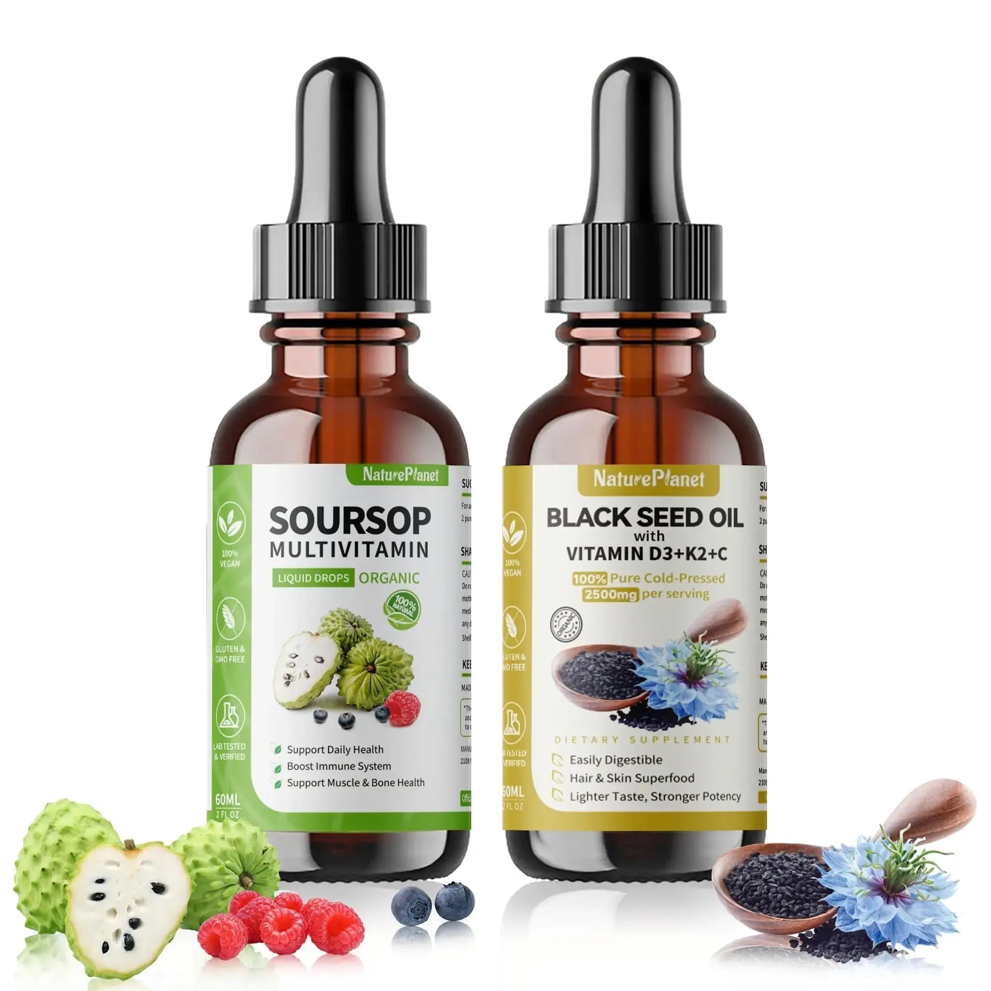 NaturePlanet Organic Soursop Bitters and Black Seed Oil Drops Bundles with Vitamins D3, K2, B6, C | NaturePlanet Au supplements