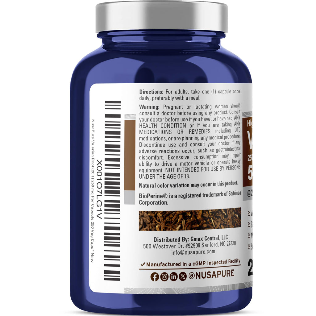 NusaPure Valerian Root 20:1 Extract, 250 mg Equivalent to 5000mg Per Veggie Caps, 250 Count, Vegan, Non-GMO, Bioperine NusaPure Au supplements
