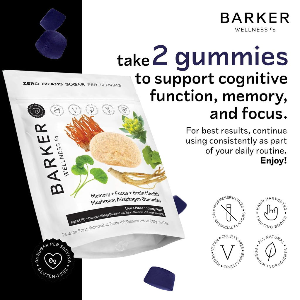 Barker Wellness Mushroom Adaptogen Gummies for Memory & Focus, Brain Health Supplement with Lion's Mane, Cordyceps, Cognizin, Vegan, Sugar-Free Passion Fruit Watermelon Flavor- 60 Count