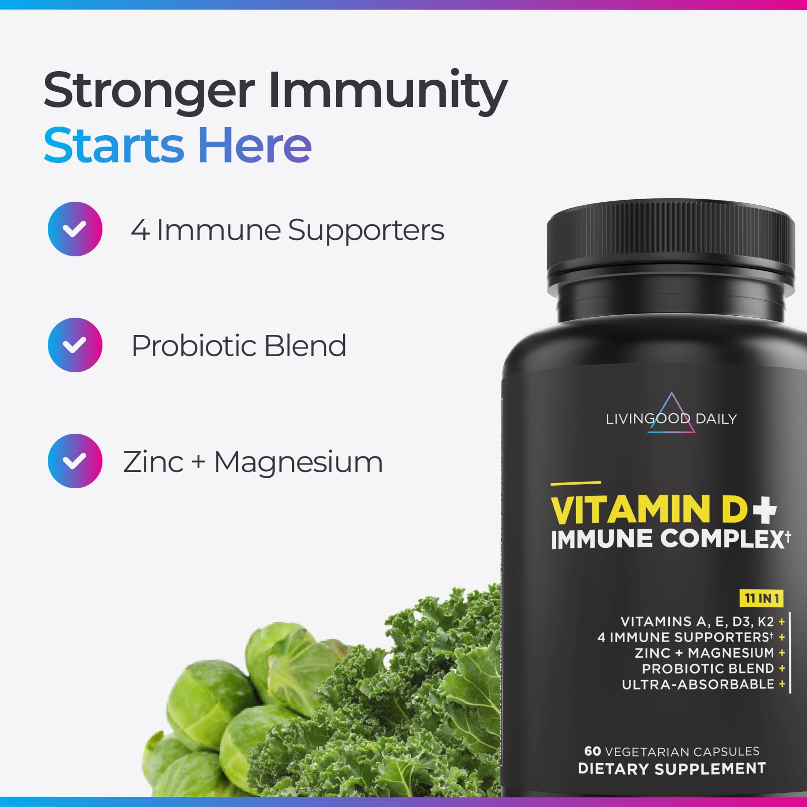 Livingood Daily Vitamin D3 K2 4000 IU Supplement, 9-in-1 Dietary Supplement for Immune Support - Made with Vitamins D, A, E, K2, Zinc, Magnesium & Probiotic Blend