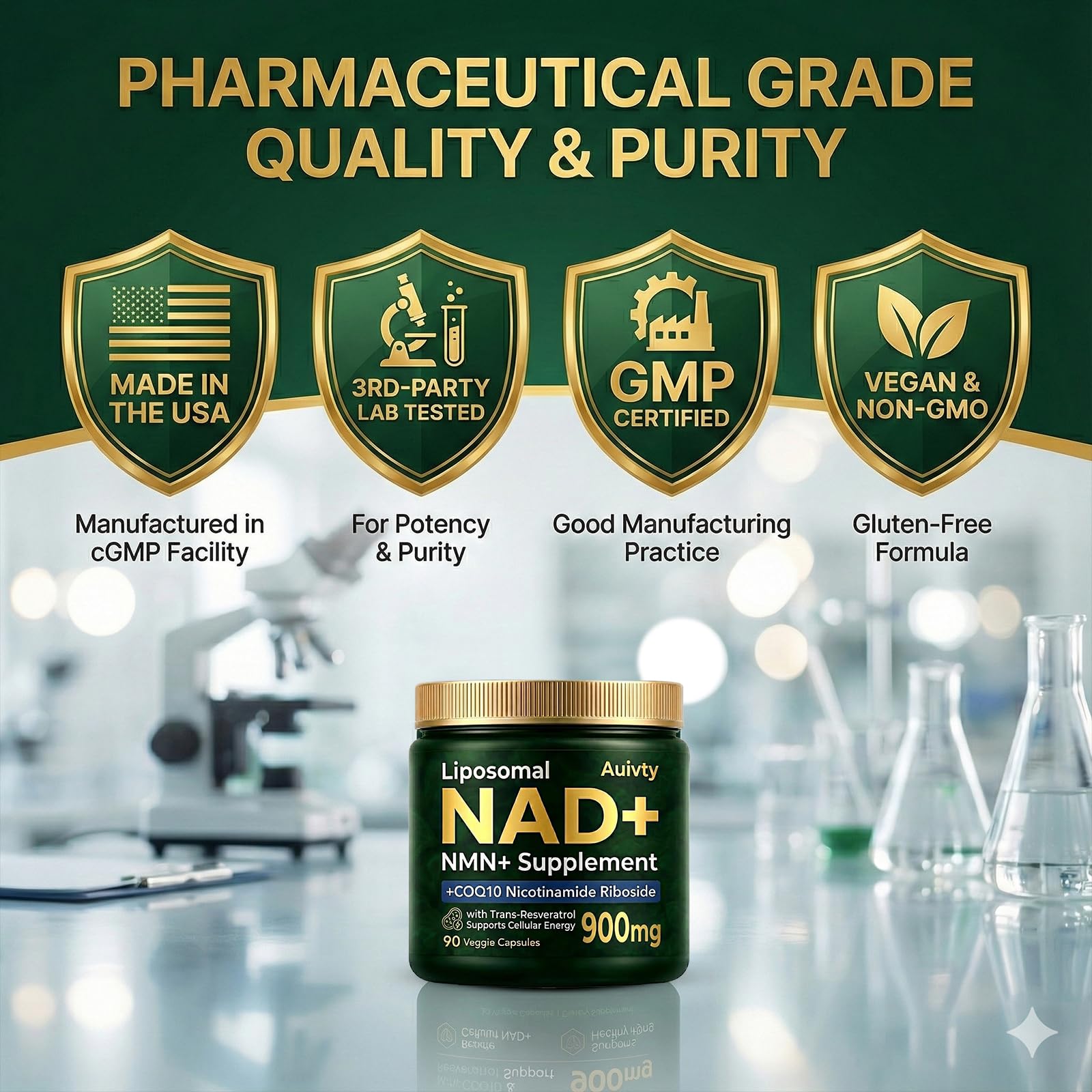 Auivty Liposomal NAD+ NMN Supplement with COQ10, Nicotinamide Riboside, Trans-Resveratrol, 900mg, 90 Veggie Capsules Auivty Au supplements