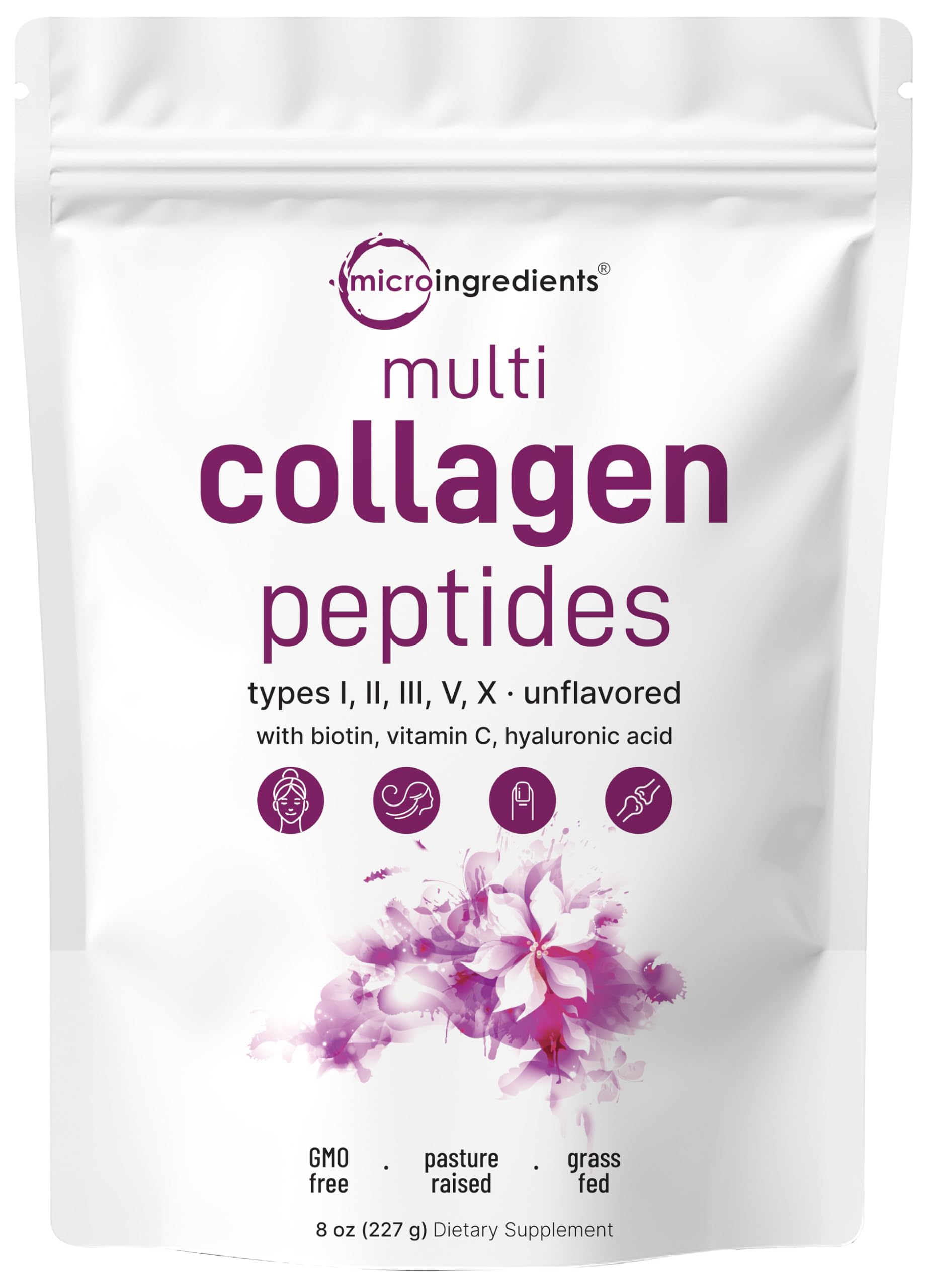 Micro Ingredients Multi Collagen Peptides Powder, 8oz – Hydrolyzed Type I,II,III,V,X with Biotin, Hyaluronic Acid, Vitamin C – Unflavored Collagen for Women & Men, Easy Dissolve, 20 Servings