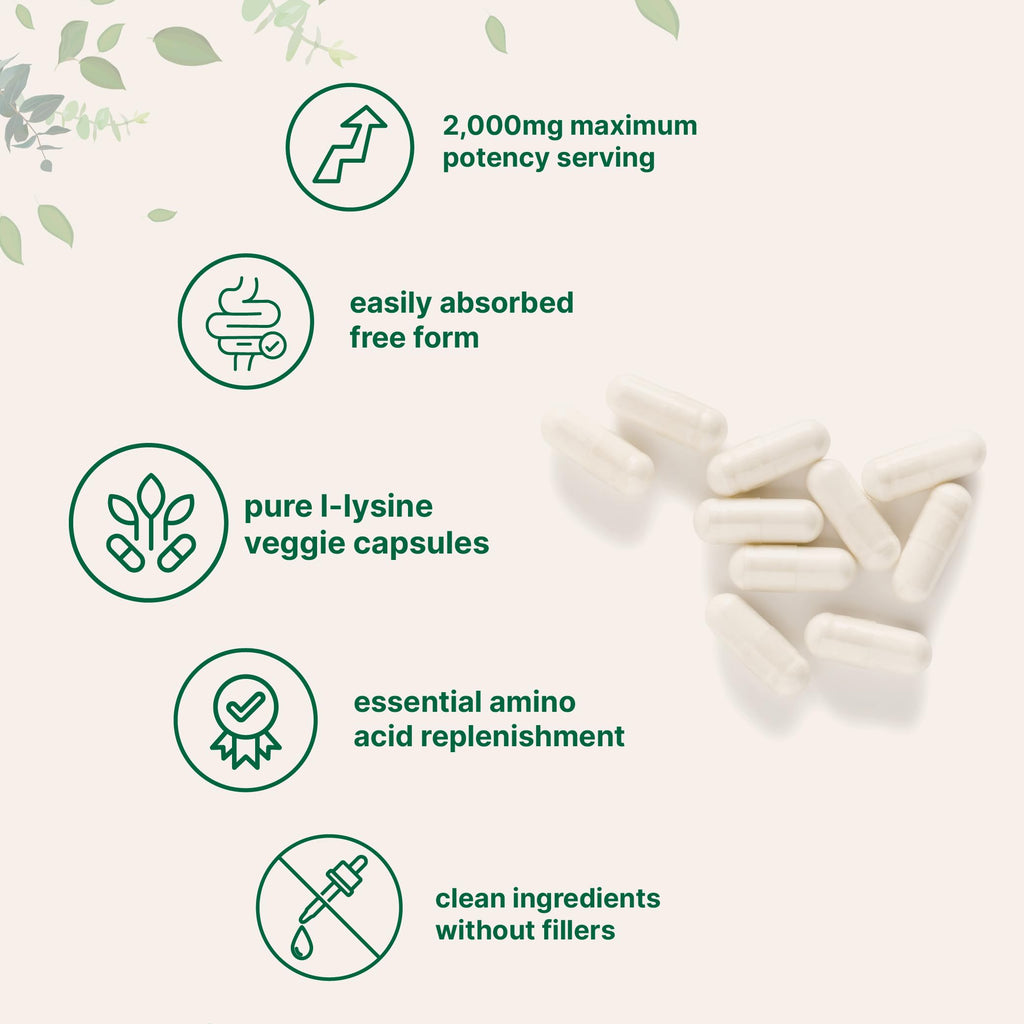 Pure L-Lysine 2,000mg, 300 Veggie Capsules | Maximum Potency, Easily Absorbed, Free Form | Essential Amino Acid for Collagen, Lip, & Immune Support