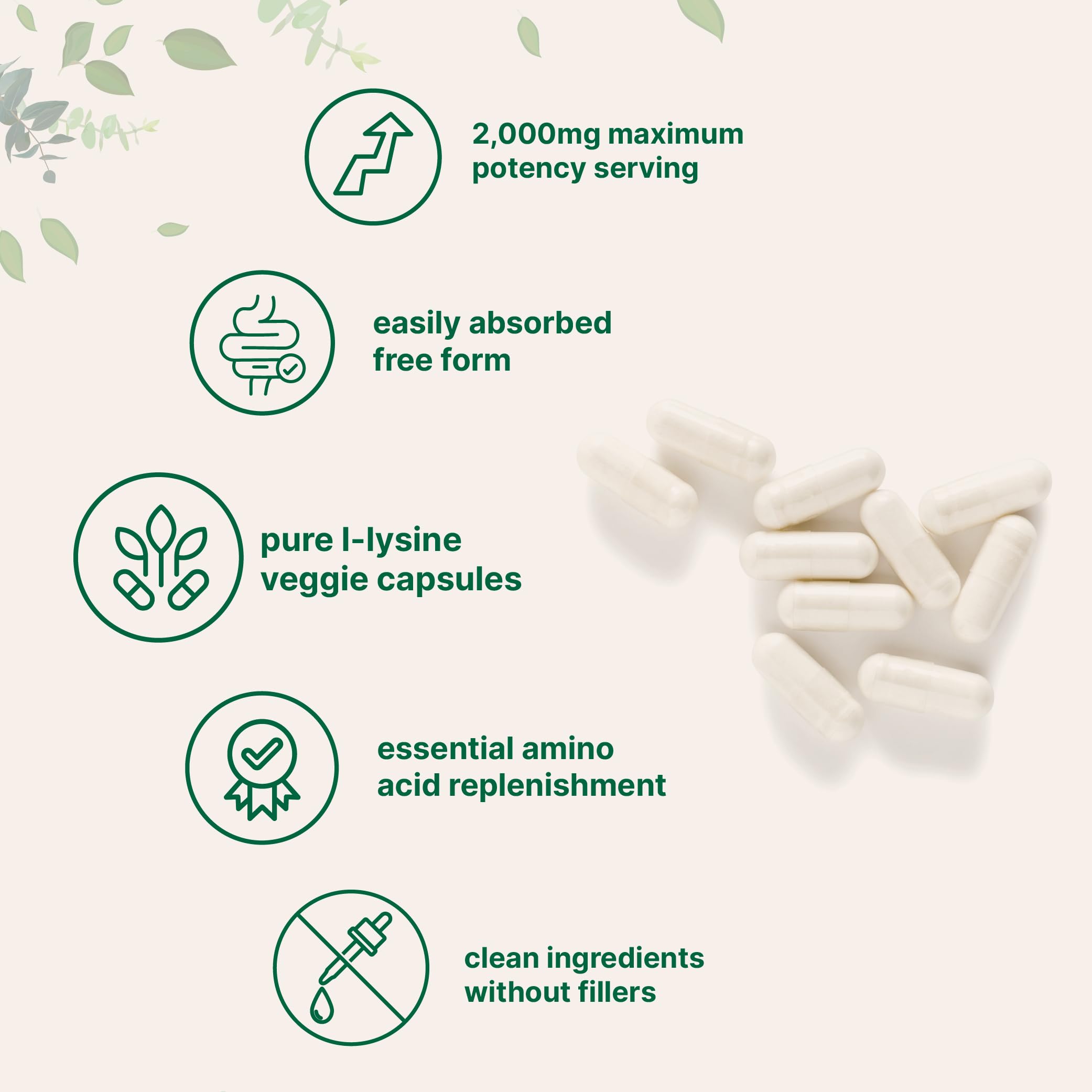 Pure L-Lysine 2,000mg, 300 Veggie Capsules | Maximum Potency, Easily Absorbed, Free Form | Essential Amino Acid for Collagen, Lip, & Immune Support